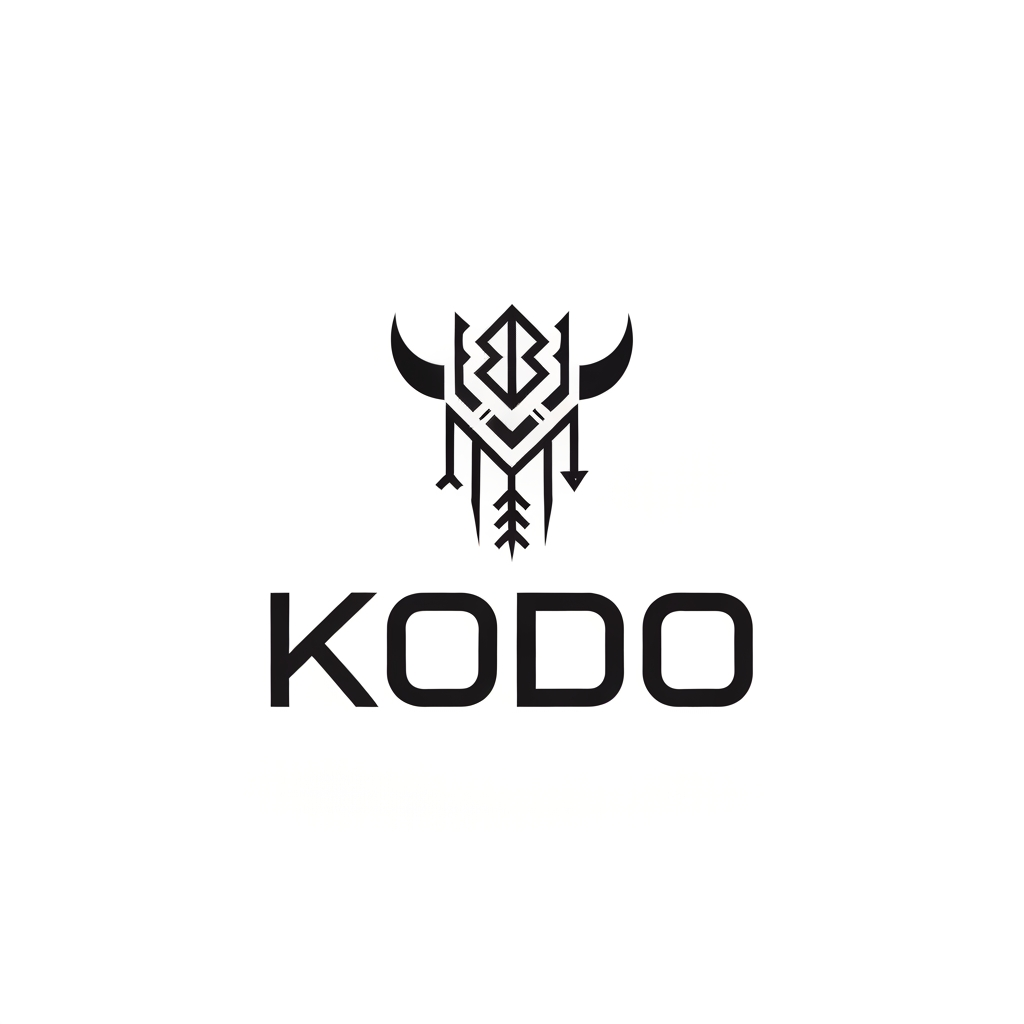 AI Design for A premium minimalist vector logo for a gaming company. The logo design features a mysterious abstract tribal totem symbol composed of sharp geometric lines, runes, and stylized powerful horn shapes. Embedded perfectly below the symbol is the clean typographic text "KODO" in a bold, solid, futuristic sans-serif typeface. High-end branding, flat 2D vector, Swiss design symmetry, extreme contrast, solid matte black on a pure white background. Epic and modern --no shading, 3D effects, photorealism, colors, gradients, extra characters, typos --v 6.0 --style raw --ar 1:1