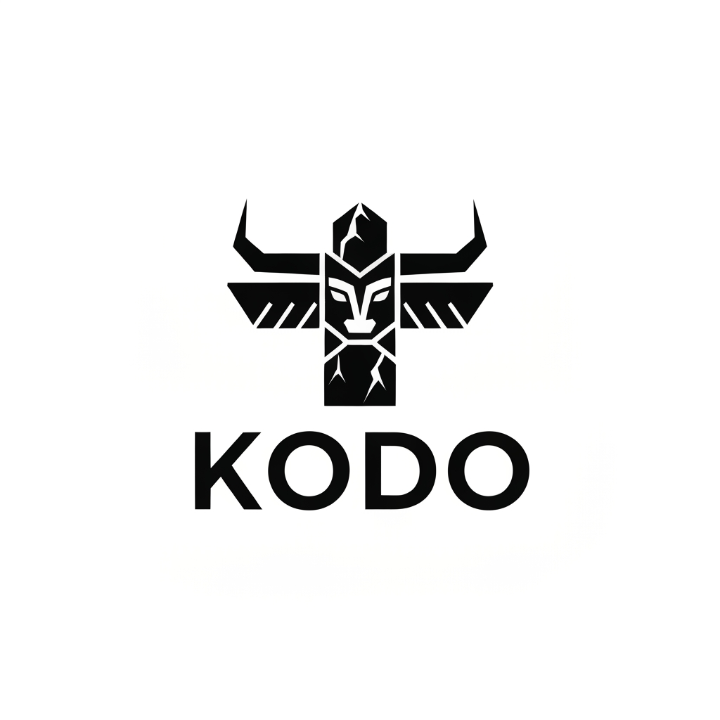 AI Design for An elite corporate vector logo for a video game studio. The logo features a powerful, hyper-stylized geometric icon of a majestic ancient tribal totem pole, flawlessly incorporating minimalist bull horn silhouettes and monolithic stone shapes. Directly underneath the icon, it features the clean, bold typographic text "KODO" in a modern sharp sans-serif font. Perfectly centered, balanced proportions. Swiss graphic design style, timeless, stark high contrast, pure matte black and solid white. Flat 2D design, sharp clean lines --no realistic details, shading, gradients, 3D, photorealism, mockups, color, paper texture, extra letters, misspelled text --v 6.0 --style raw --ar 1:1