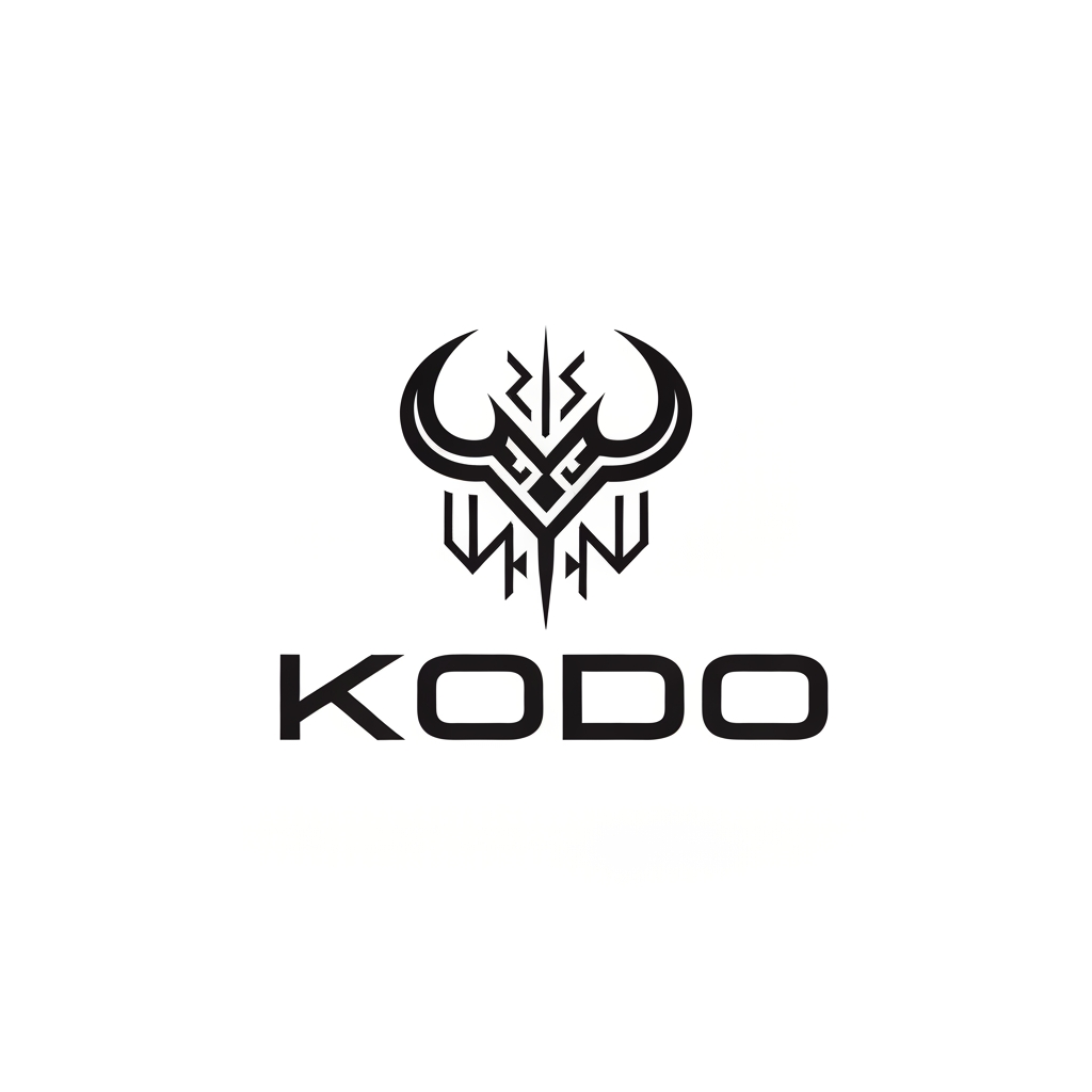 AI Design for A premium minimalist vector logo for a gaming company. The logo design features a mysterious abstract tribal totem symbol composed of sharp geometric lines, runes, and stylized powerful horn shapes. Embedded perfectly below the symbol is the clean typographic text "KODO" in a bold, solid, futuristic sans-serif typeface. High-end branding, flat 2D vector, Swiss design symmetry, extreme contrast, solid matte black on a pure white background. Epic and modern --no shading, 3D effects, photorealism, colors, gradients, extra characters, typos --v 6.0 --style raw --ar 1:1