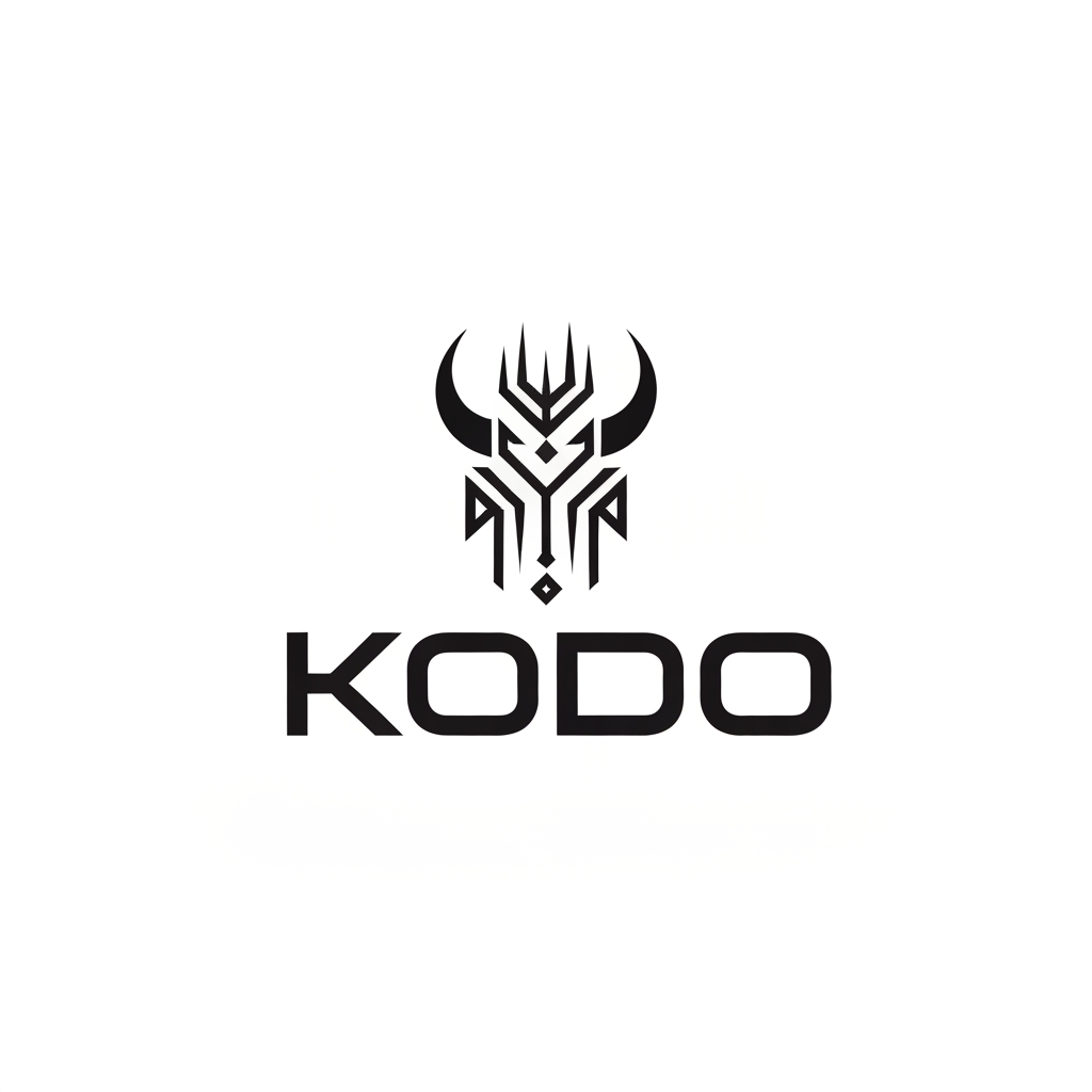 AI Design for A premium minimalist vector logo for a gaming company. The logo design features a mysterious abstract tribal totem symbol composed of sharp geometric lines, runes, and stylized powerful horn shapes. Embedded perfectly below the symbol is the clean typographic text "KODO" in a bold, solid, futuristic sans-serif typeface. High-end branding, flat 2D vector, Swiss design symmetry, extreme contrast, solid matte black on a pure white background. Epic and modern --no shading, 3D effects, photorealism, colors, gradients, extra characters, typos --v 6.0 --style raw --ar 1:1