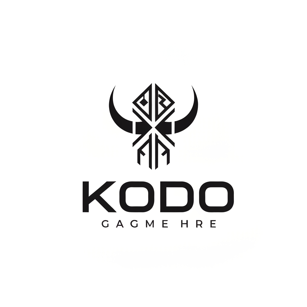 AI Design for A premium minimalist vector logo for a gaming company. The logo design features a mysterious abstract tribal totem symbol composed of sharp geometric lines, runes, and stylized powerful horn shapes. Embedded perfectly below the symbol is the clean typographic text "KODO" in a bold, solid, futuristic sans-serif typeface. High-end branding, flat 2D vector, Swiss design symmetry, extreme contrast, solid matte black on a pure white background. Epic and modern --no shading, 3D effects, photorealism, colors, gradients, extra characters, typos --v 6.0 --style raw --ar 1:1