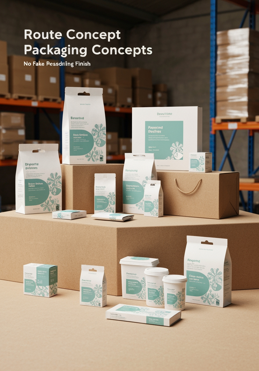 AI Design for Packaging design route concept for Campaign concepts for a client pitch. Client-presentation mockup with boxes, bags, labels, wraps, or product containers, realistic print finish, cohesive visual system, no fake readable text.