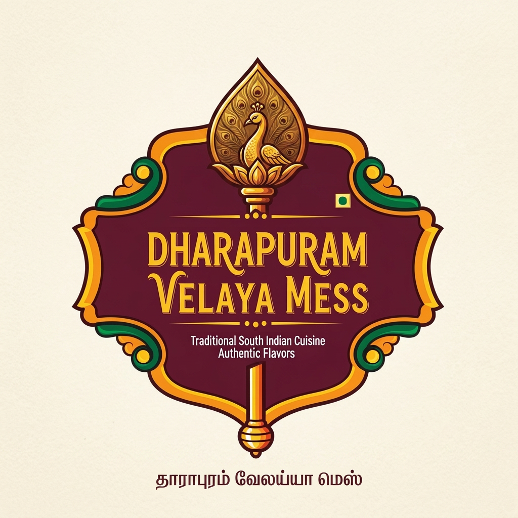 AI Design for DHARAPURAM VELAYYA MESS , NEED RESTAURANT LOGO WITH TRADITIONAL WITH MURUGAN VEL SYMBOL SHOULD BE INCLUDEDE, ANY OTHERS