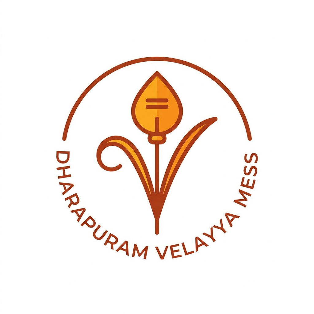 AI Design for A minimalist, modern circular logo for 'Dharapuram Velayya Mess'. The design features a sleek, stylized Vel symbol at the center, rendered in clean lines with a balanced, professional aesthetic. Use a warm, appetizing color palette like deep saffron and terracotta against a clean white background, focusing on elegant vector-style typography and high-contrast symmetry.