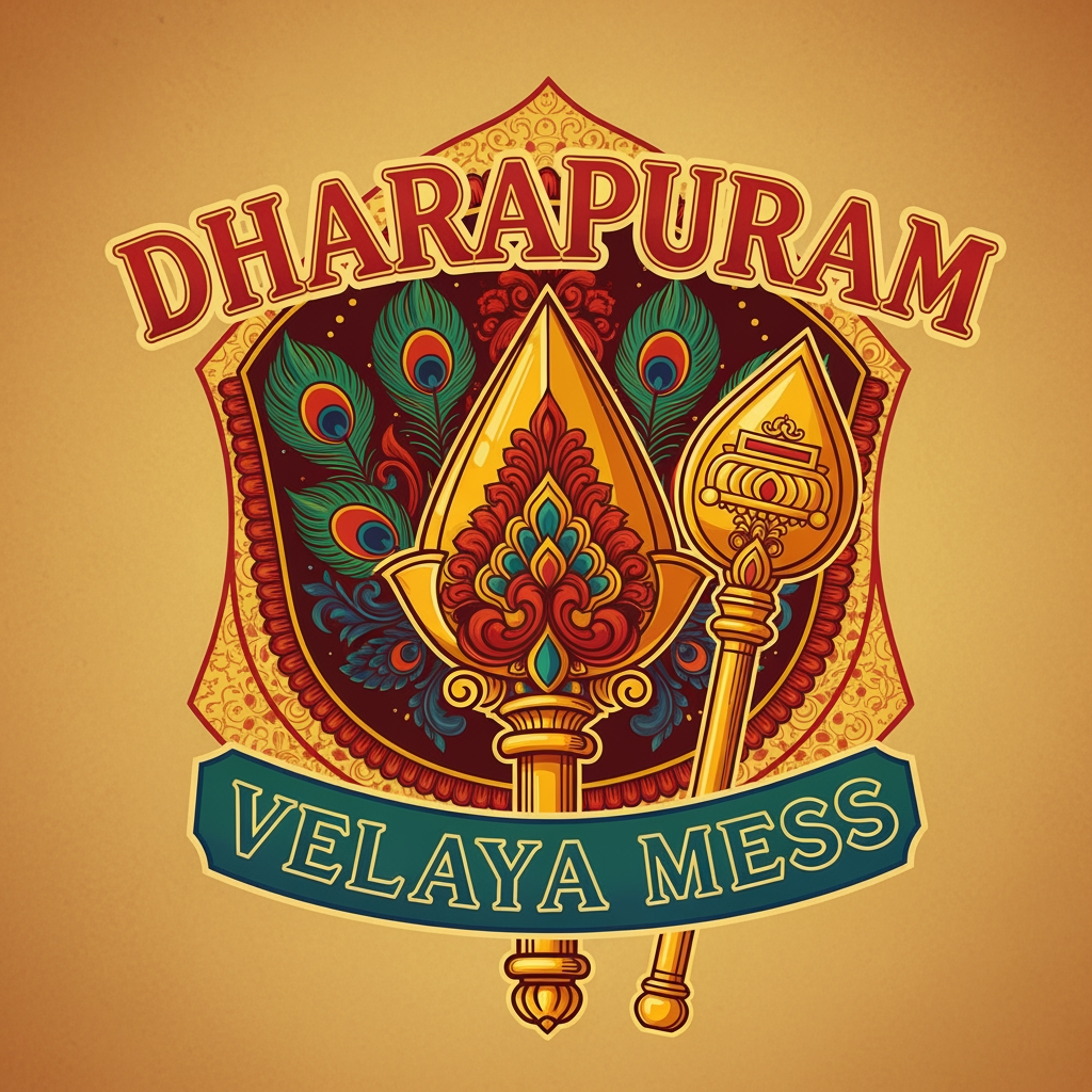 AI Design for DHARAPURAM VELAYYA MESS , NEED RESTAURANT LOGO WITH TRADITIONAL WITH MURUGAN VEL SYMBOL SHOULD BE INCLUDEDE