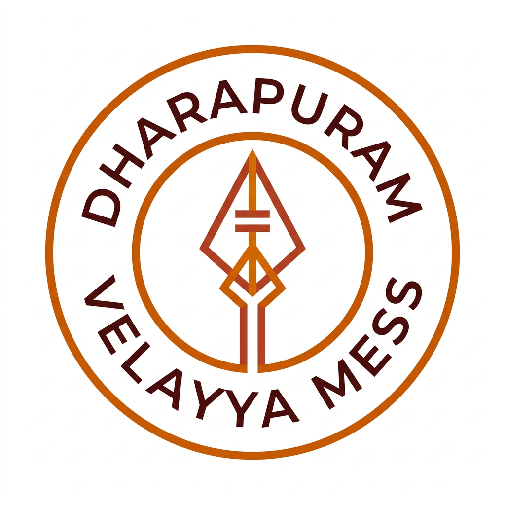AI Design for A minimalist, modern circular logo for 'Dharapuram Velayya Mess'. The design features a sleek, stylized Vel symbol at the center, rendered in clean lines with a balanced, professional aesthetic. Use a warm, appetizing color palette like deep saffron and terracotta against a clean white background, focusing on elegant vector-style typography and high-contrast symmetry.
