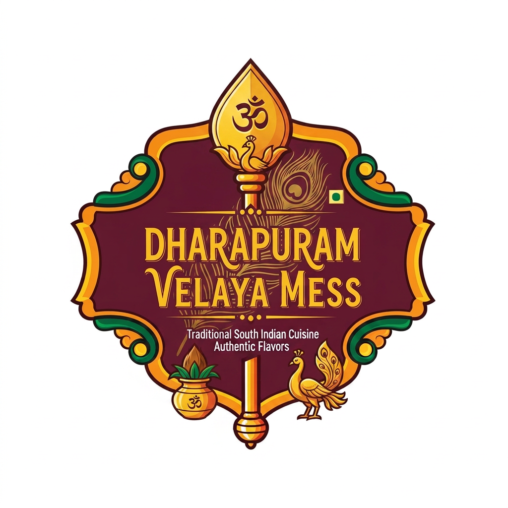 AI Design for DHARAPURAM VELAYYA MESS , NEED RESTAURANT LOGO WITH TRADITIONAL WITH MURUGAN VEL SYMBOL SHOULD BE INCLUDEDE, ANY OTHERS