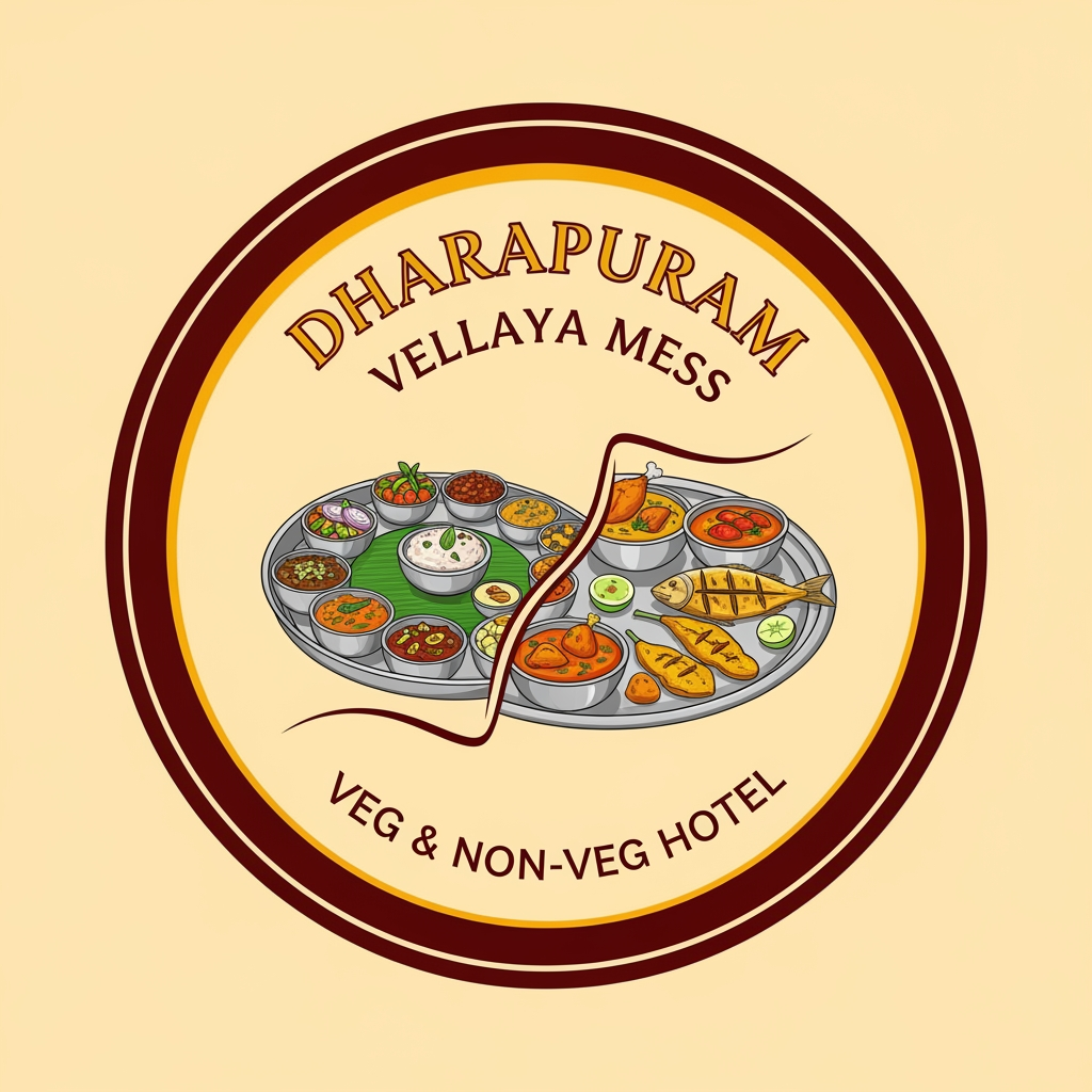 AI Design for NEED TRADITIONAL LOGO ,FOR DHARAPURAM VELLAYYA MESS ITS VEG ND NON VEG HOTEL , GIVCE ANOTHER DESIGN