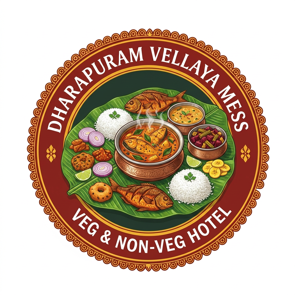 AI Design for NEED TRADITIONAL LOGO ,FOR DHARAPURAM VELLAYYA MESS ITS VEG ND NON VEG HOTEL , GIVCE ANOTHER DESIGN CHANGE CENTER IMAGE