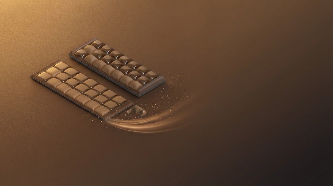 AI Design for Landscape launch announcement visual for brand. Energetic campaign image, strong focal object or scene, clean branded atmosphere, generous open space for announcement copy to be added later, no rendered typography.
Incorporate the attached brand element reference image (Reference A: brand element "3D Chocolate Asset") into the composition where natural — preserve the depicted brand element's appearance.