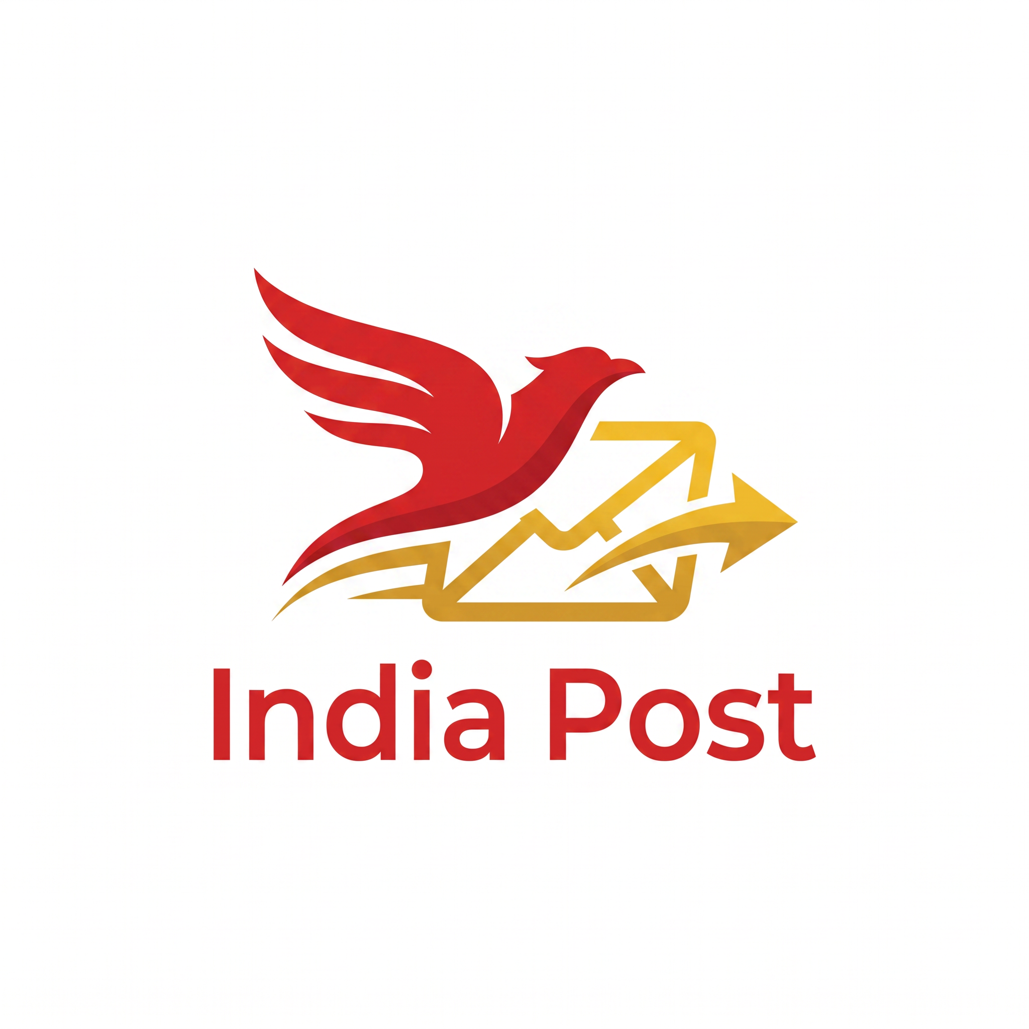 AI Design for "A modern, sleek, minimalistic vector logo for India Post. Merging a stylized fast-flying bird icon with a modern digital envelope and forward arrow, using vibrant red and golden yellow colors, minimalist corporate branding, high resolution, isolated on a clean background."