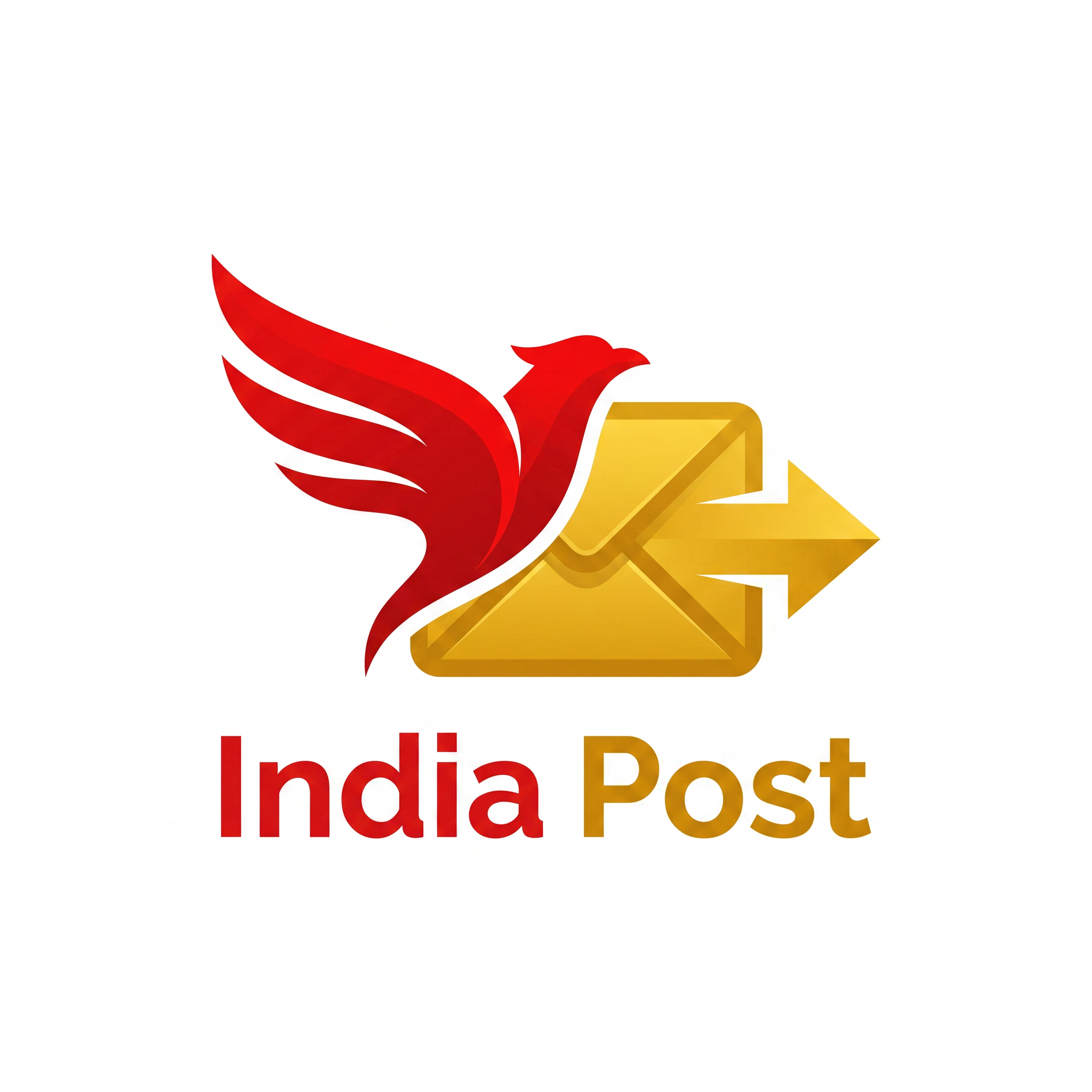 AI Design for "A modern, sleek, minimalistic vector logo for India Post. Merging a stylized fast-flying bird icon with a modern digital envelope and forward arrow, using vibrant red and golden yellow colors, minimalist corporate branding, high resolution, isolated on a clean background."