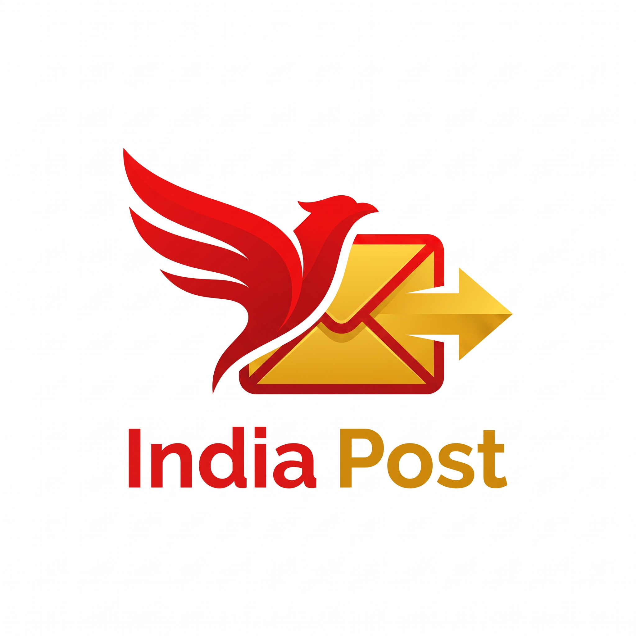 AI Design for "A modern, sleek, minimalistic vector logo for India Post. Merging a stylized fast-flying bird icon with a modern digital envelope and forward arrow, using vibrant red and golden yellow colors, minimalist corporate branding, high resolution, isolated on a clean background."