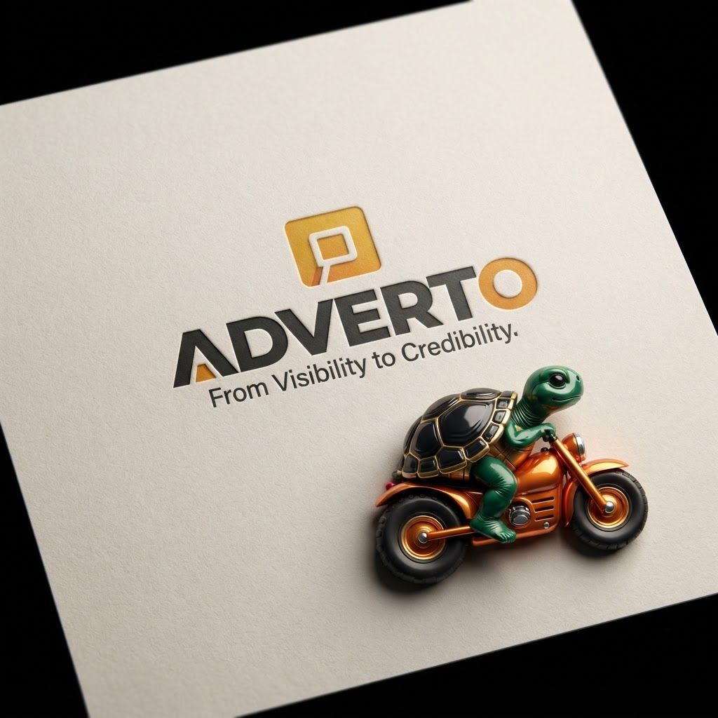 AI Design for Premium logo presentation mockup concept for Create a series of playful, high-contrast 3D illustrations featuring a stylized turtle character riding a motorcycle to symbolize speed and business acceleration for digital marketing campaigns.. Logo or brand mark displayed on a clean neutral surface with subtle depth, refined shadow, precise alignment, elegant design-studio presentation, no extra readable text.
Incorporate the attached brand element reference image (Reference A: brand element "Adverto Turtle Mascot") into the composition where natural — preserve the depicted brand element's appearance.