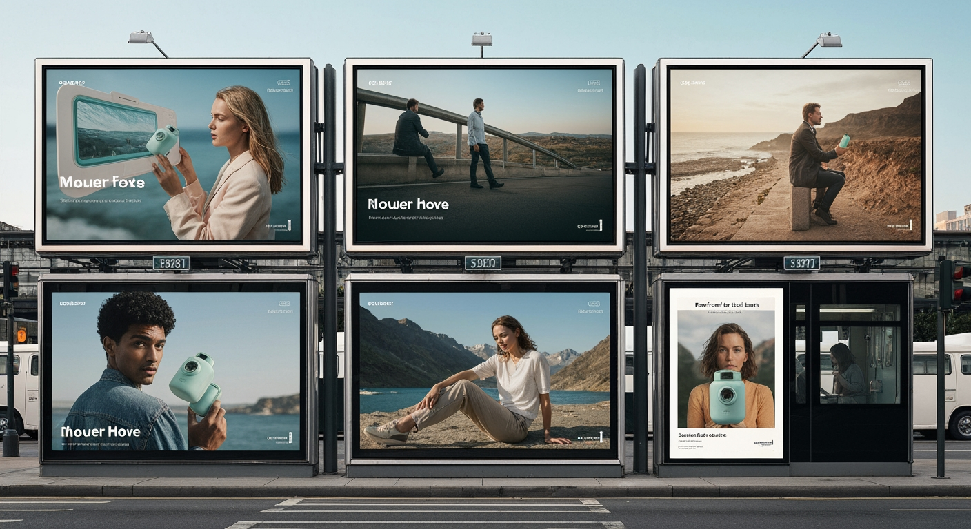 AI Design for Out-of-home campaign mockup concept for Carousel posts for a product launch. Billboard, transit poster, or street display in a realistic environment, strong campaign imagery, believable scale and lighting, no readable fake ad copy.