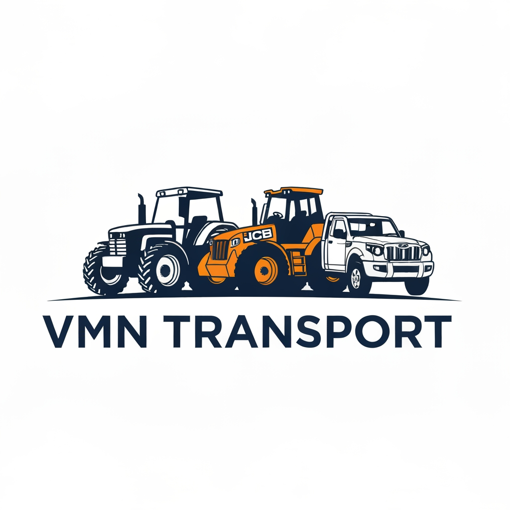 AI Design for make a logo for transport company it's called "VMN TRANSPORT" they are using Tractor, JCB and Mahindra pickup truck vehicles for our company, make a logo at Combination type of logo and give me a vector type and this logo is worked at negative type make this logo into professionally