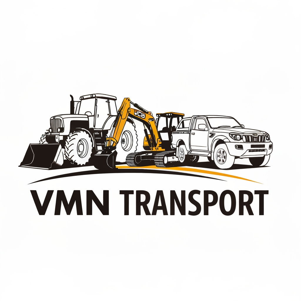 AI Design for make a logo for transport company it's called "VMN TRANSPORT" they are using Tractor, JCB and Mahindra pickup truck vehicles for our company, make a logo at Combination type of logo and give me a vector type and this logo is worked at negative type make this logo into professionally