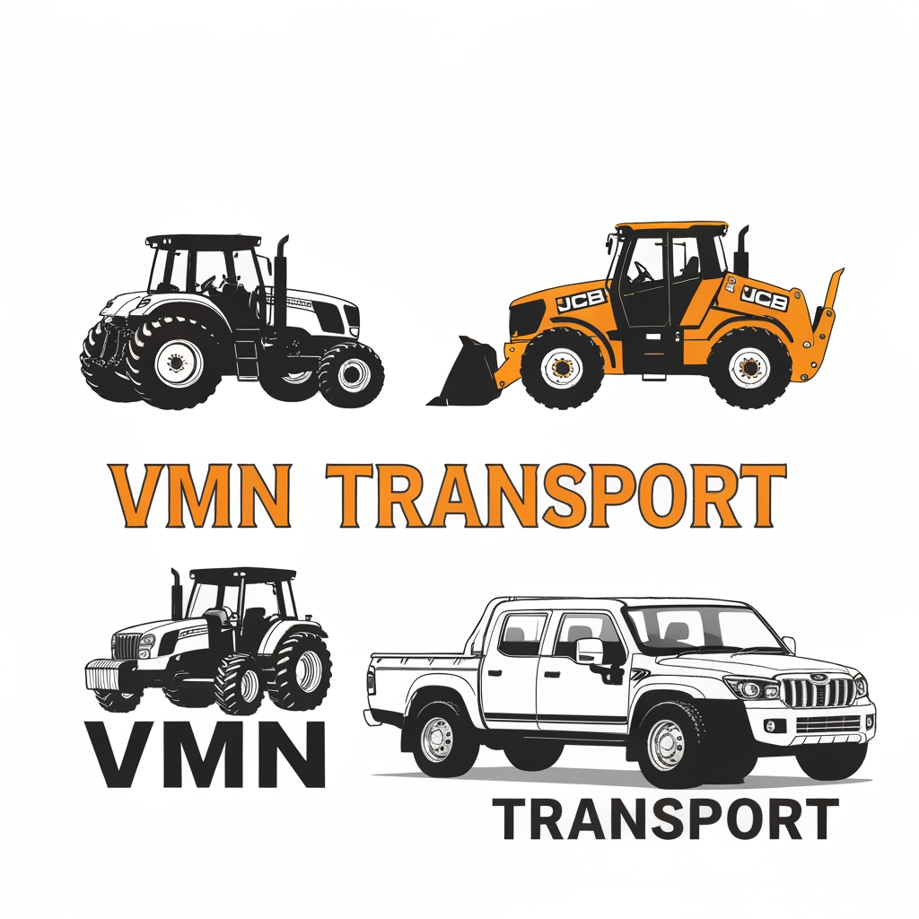 AI Design for make a logo for transport company it's called "VMN TRANSPORT" they are using Tractor, JCB and Mahindra pickup truck vehicles for our company, make a logo at Combination type of logo and give me a vector type and this logo is worked at negative type make this logo into professionally