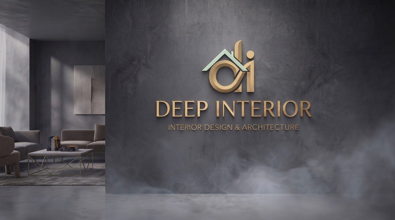 AI Design for Wide campaign hero photograph for Deep Interior. The image features the 'Deep Interior' logo in metallic gold mounted on a dark grey concrete wall, with a small roof icon accented in light green. The scene includes a glimpse of a modern, minimalist living room and is surrounded by a low-hanging fog effect. Premium advertising composition with the product as focal point, cinematic lighting, clean negative space on one side for copy to be added later, no rendered words or logos beyond the reference product.