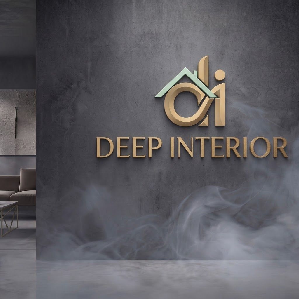 AI Design for High-end studio product photograph of Deep Interior. The image features the 'Deep Interior' logo in metallic gold mounted on a dark grey concrete wall, with a small roof icon accented in light green. The scene includes a glimpse of a modern, minimalist living room and is surrounded by a low-hanging fog effect. Product centered as the clear hero, clean neutral background, controlled softbox lighting, realistic contact shadow, crisp edges, accurate material texture, no readable text added.