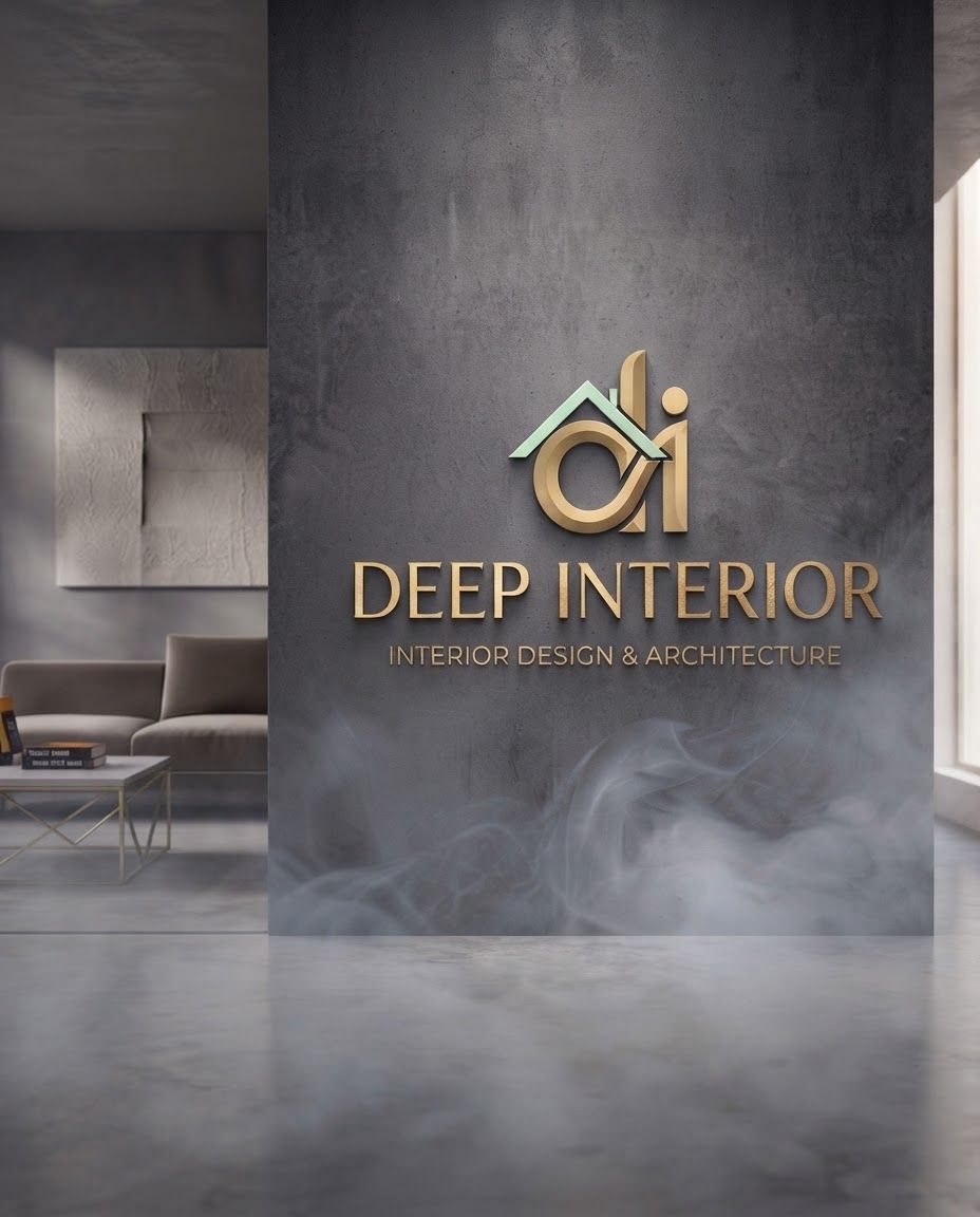 AI Design for Lifestyle product photograph of Deep Interior being naturally used in a believable real-world setting. The image features the 'Deep Interior' logo in metallic gold mounted on a dark grey concrete wall, with a small roof icon accented in light green. The scene includes a glimpse of a modern, minimalist living room and is surrounded by a low-hanging fog effect. Human-scale context, warm natural light, editorial composition, shallow depth of field, product clearly visible and undistorted.
