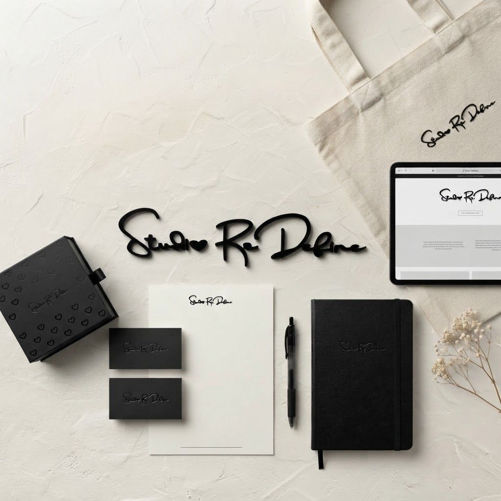 AI Design for Brand application mockup concept for Create an elegant, minimalist visual identity system for Studio ReDefine that centers on its sophisticated script typography and monochromatic aesthetic.. Multiple branded touchpoints in one refined composition, such as stationery, packaging, digital screen, signage, or apparel, realistic materials, no invented readable copy.
Incorporate the attached brand element reference image (Reference A: brand element "Studio Re-Define Signage") into the composition where natural — preserve the depicted brand element's appearance.