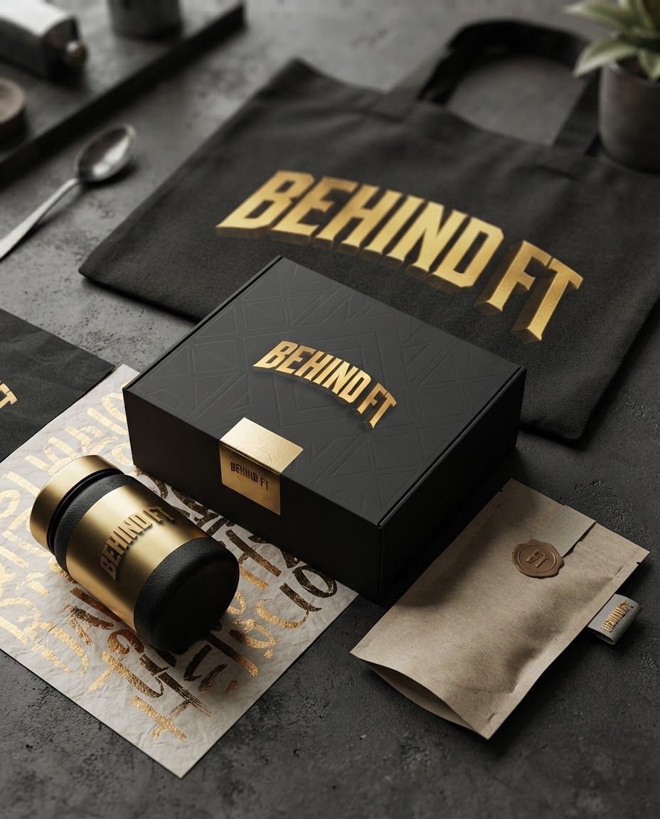 AI Design for Packaging design route for brand. Client-presentation mockup with boxes, bags, labels, wraps, or product containers, realistic print finish, cohesive visual system, no fake readable text.
Incorporate the attached brand element reference image (Reference A: brand element "Behind FT") into the composition where natural — preserve the depicted brand element's appearance.