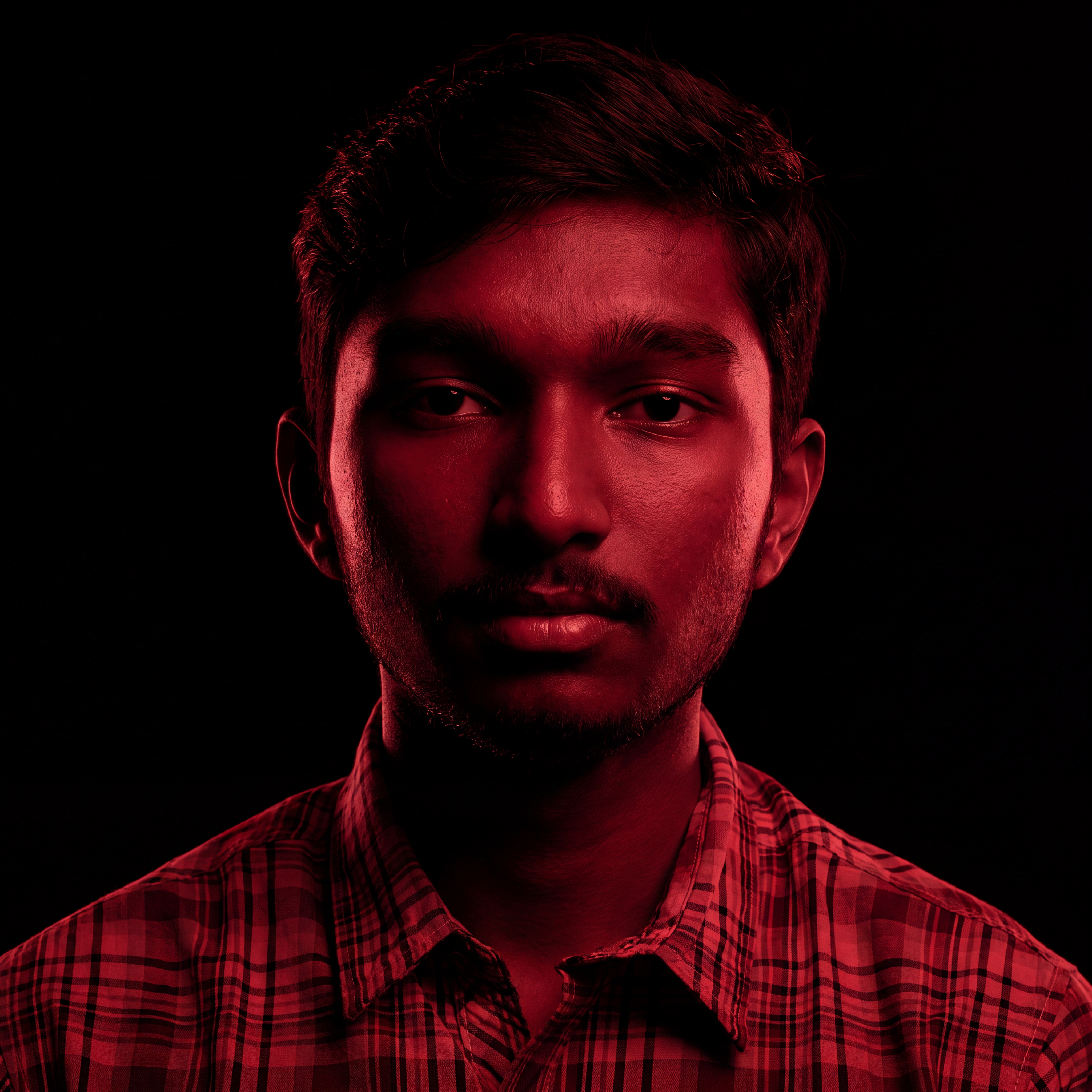AI Design for Cinematic portrait, straight-on facial expression, hyper-realistic skin texture. Dramatic duotone lighting using only deep matte black (#000000) and rich crimson red (#B00020). Intense crimson directional side lighting sculpting the cheekbones, jawline, and hair texture, transitioning into deep black shadows on the opposite side. Minimalist, solid black background. Premium luxury fashion editorial aesthetic, high-contrast film noir style, sharp facial details, volumetric lighting, 8k resolution, photorealistic, no text, no logos. Use the attached image as the primary composition and structural reference.
