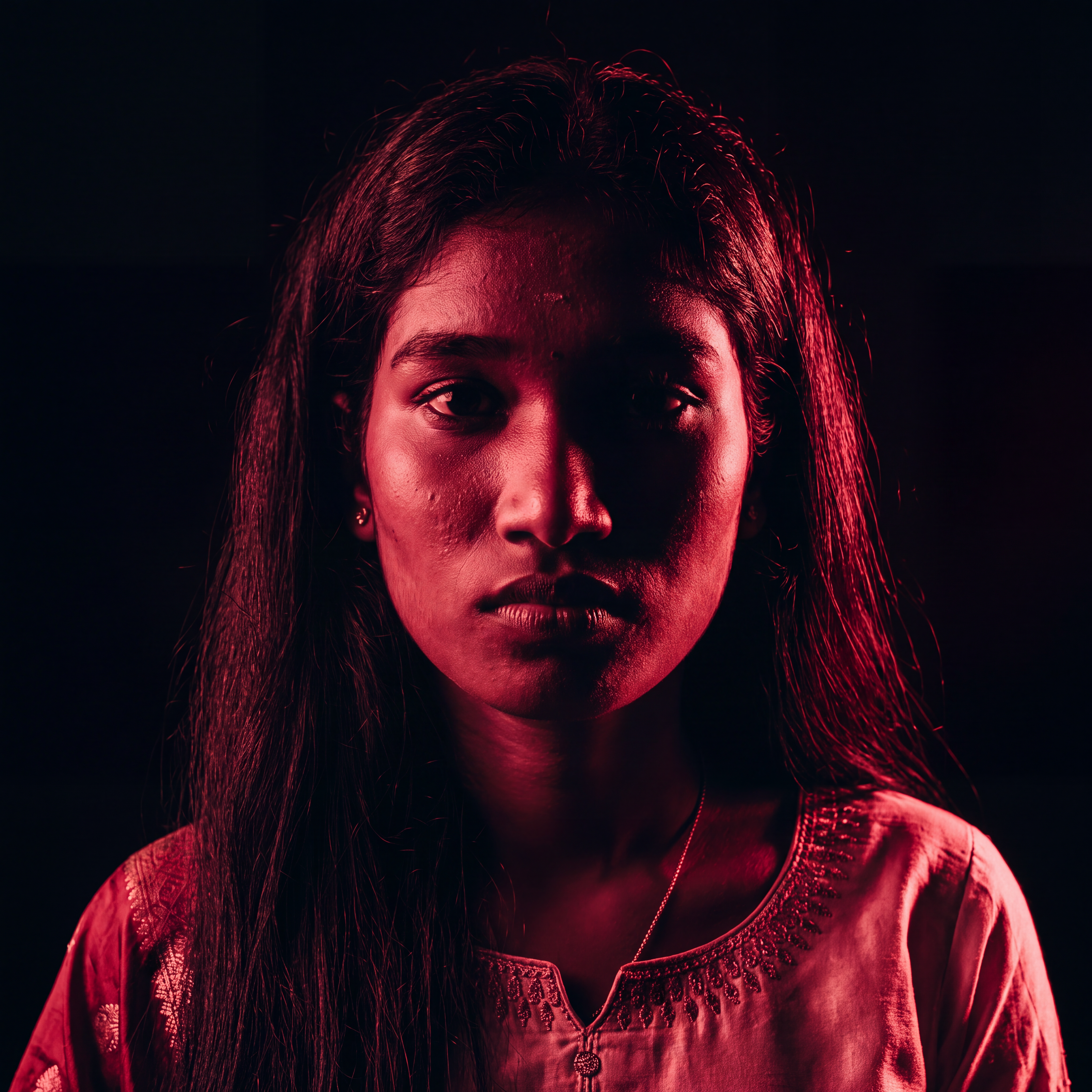AI Design for Cinematic portrait, straight-on facial expression, hyper-realistic skin texture. Dramatic duotone lighting using only deep matte black (#000000) and rich crimson red (#B00020). Intense crimson directional side lighting sculpting the cheekbones, jawline, and hair texture, transitioning into deep black shadows on the opposite side. Minimalist, solid black background. Premium luxury fashion editorial aesthetic, high-contrast film noir style, sharp facial details, volumetric lighting, 8k resolution, photorealistic, no text, no logos. Use the attached image as the primary composition and structural reference.