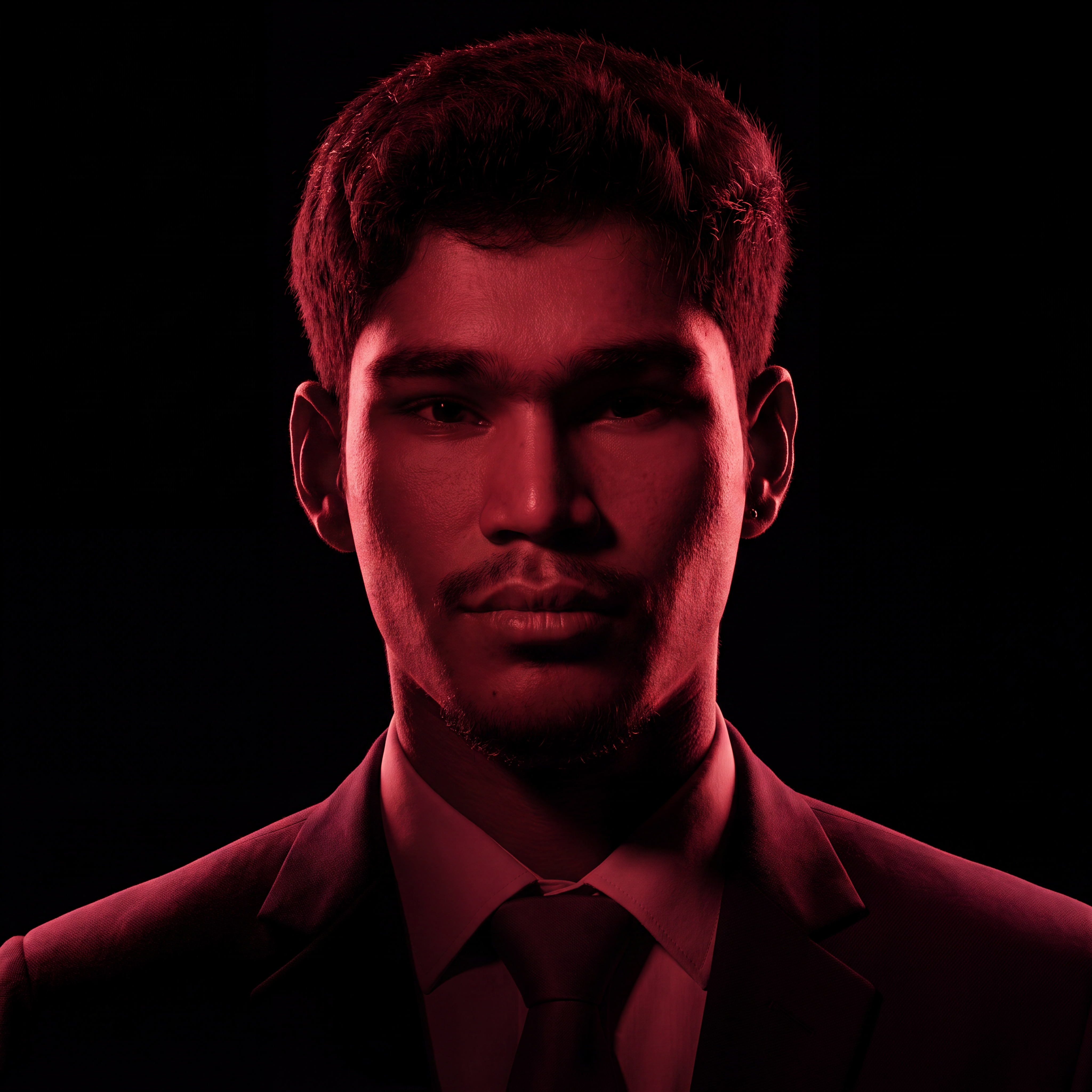 AI Design for Cinematic portrait, straight-on facial expression, hyper-realistic skin texture. Dramatic duotone lighting using only deep matte black (#000000) and rich crimson red (#B00020). Intense crimson directional side lighting sculpting the cheekbones, jawline, and hair texture, transitioning into deep black shadows on the opposite side. Minimalist, solid black background. Premium luxury fashion editorial aesthetic, high-contrast film noir style, sharp facial details, volumetric lighting, 8k resolution, photorealistic, no text, no logos. Use the attached image as the primary composition and structural reference.