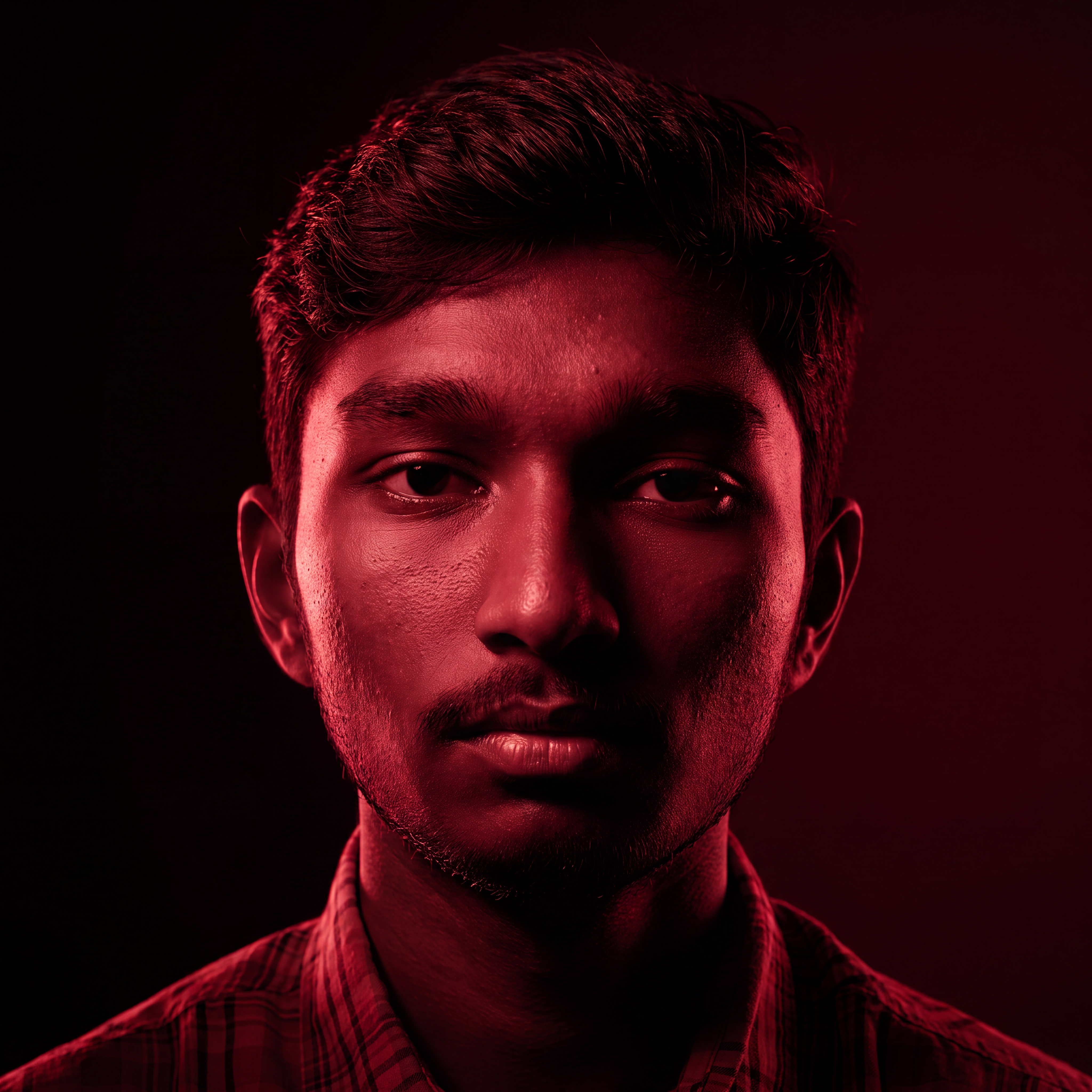 AI Design for Cinematic portrait, straight-on facial expression, hyper-realistic skin texture. Dramatic duotone lighting using only deep matte black (#000000) and rich crimson red (#B00020). Intense crimson directional side lighting sculpting the cheekbones, jawline, and hair texture, transitioning into deep black shadows on the opposite side. Minimalist, solid black background. Premium luxury fashion editorial aesthetic, high-contrast film noir style, sharp facial details, volumetric lighting, 8k resolution, photorealistic, no text, no logos. Use the attached image as the primary composition and structural reference.