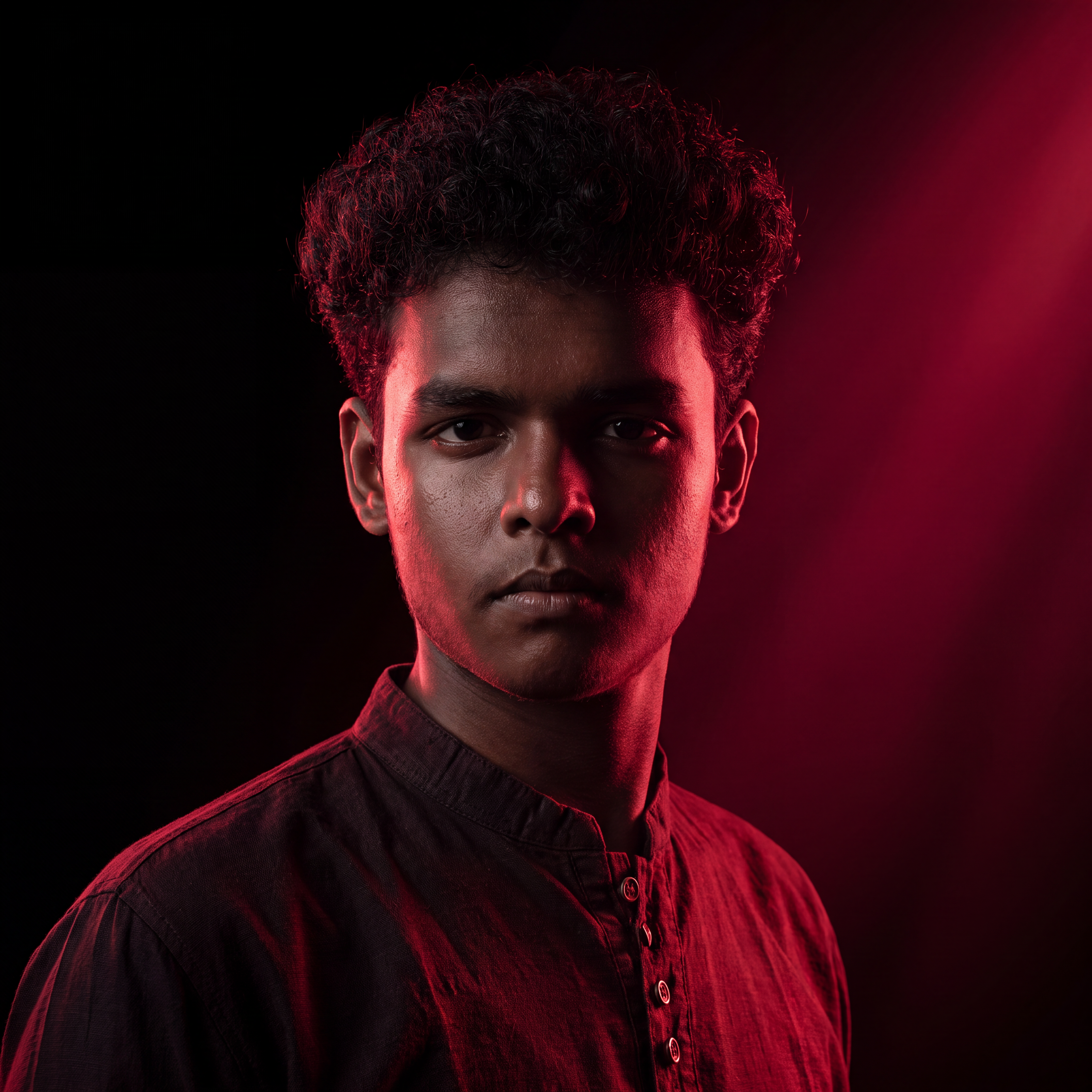 AI Design for Cinematic portrait, straight-on facial expression, hyper-realistic skin texture. Dramatic duotone lighting using only deep matte black (#000000) and rich crimson red (#B00020). Intense crimson directional side lighting sculpting the cheekbones, jawline, and hair texture, transitioning into deep black shadows on the opposite side. Minimalist, solid black background. Premium luxury fashion editorial aesthetic, high-contrast film noir style, sharp facial details, volumetric lighting, 8k resolution, photorealistic, no text, no logos. Use the attached image as the primary composition and structural reference.
