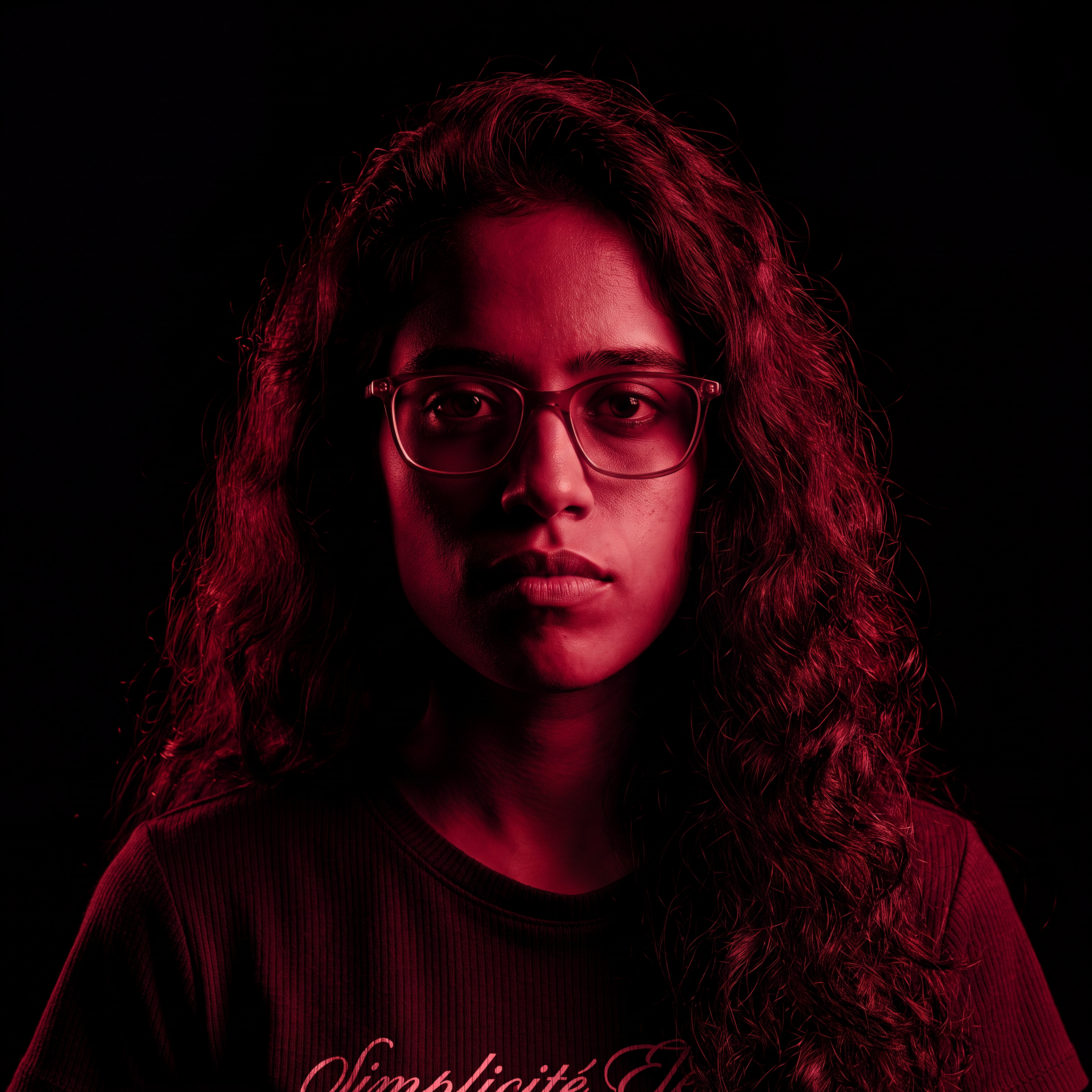 AI Design for Cinematic portrait, straight-on facial expression, hyper-realistic skin texture. Dramatic duotone lighting using only deep matte black (#000000) and rich crimson red (#B00020). Intense crimson directional side lighting sculpting the cheekbones, jawline, and hair texture, transitioning into deep black shadows on the opposite side. Minimalist, solid black background. Premium luxury fashion editorial aesthetic, high-contrast film noir style, sharp facial details, volumetric lighting, 8k resolution, photorealistic, no text, no logos. Use the attached image as the primary composition and structural reference.
