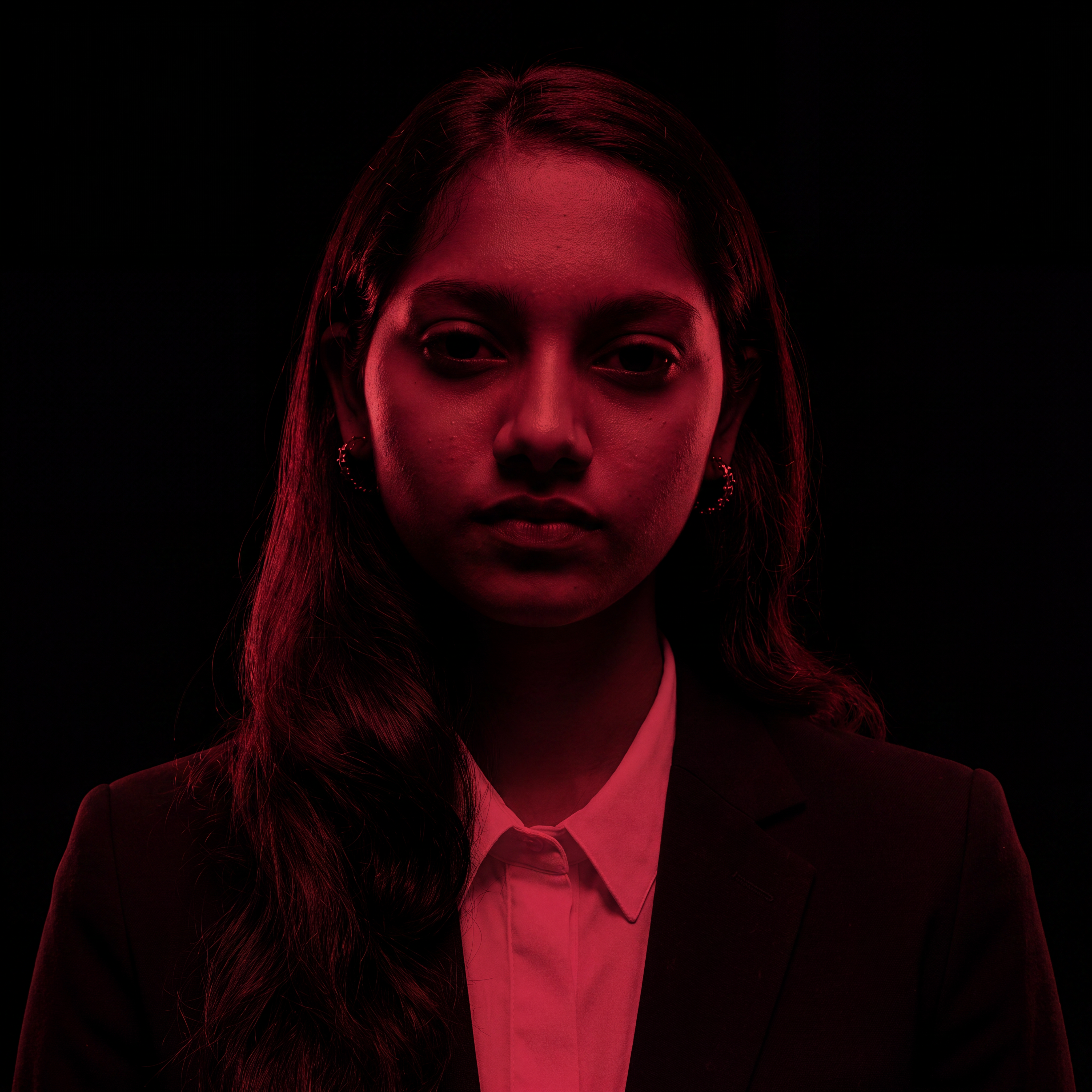 AI Design for Cinematic portrait, straight-on facial expression, hyper-realistic skin texture. Dramatic duotone lighting using only deep matte black (#000000) and rich crimson red (#B00020). Intense crimson directional side lighting sculpting the cheekbones, jawline, and hair texture, transitioning into deep black shadows on the opposite side. Minimalist, solid black background. Premium luxury fashion editorial aesthetic, high-contrast film noir style, sharp facial details, volumetric lighting, 8k resolution, photorealistic, no text, no logos. Use the attached image as the primary composition and structural reference.