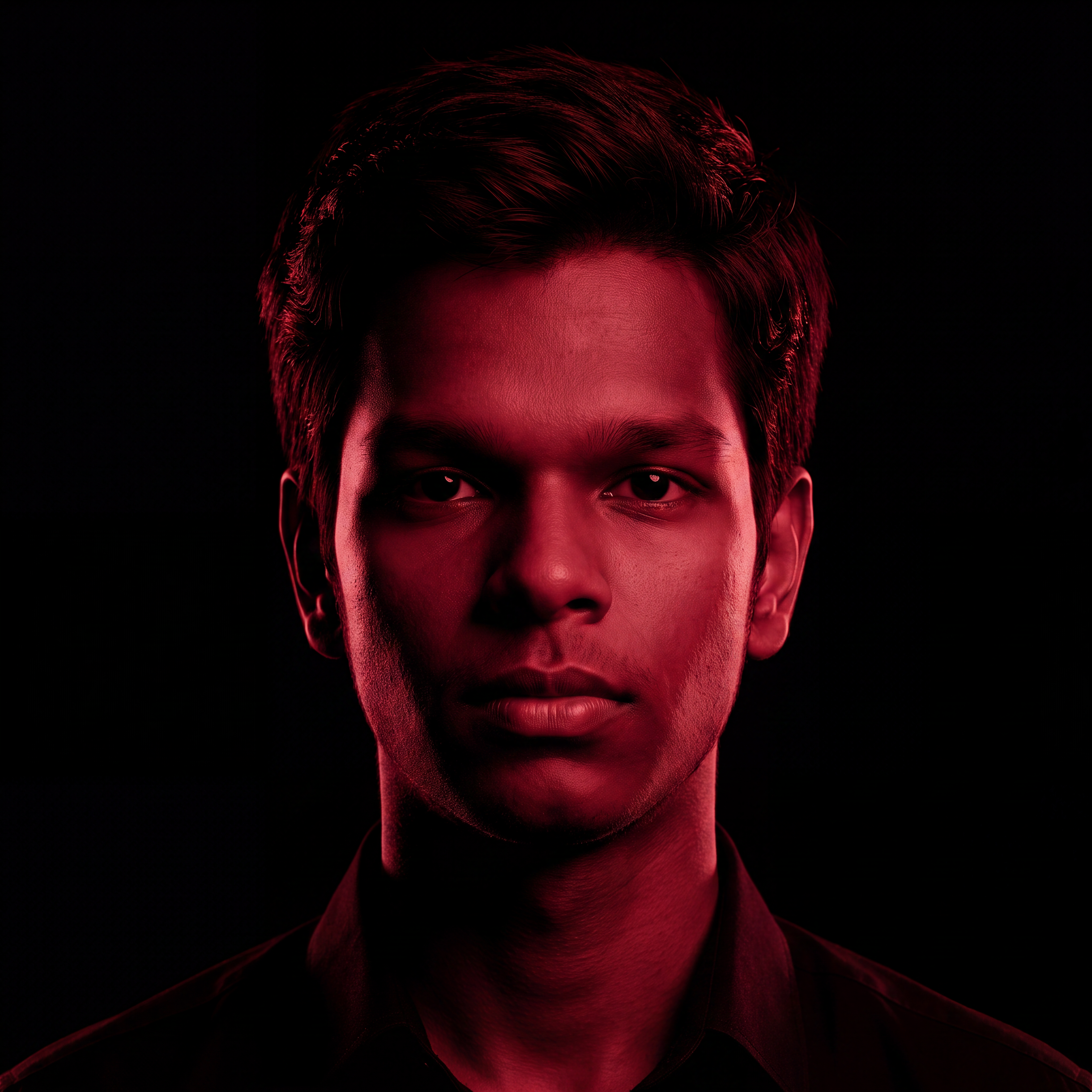 AI Design for Cinematic portrait, straight-on facial expression, hyper-realistic skin texture. Dramatic duotone lighting using only deep matte black (#000000) and rich crimson red (#B00020). Intense crimson directional side lighting sculpting the cheekbones, jawline, and hair texture, transitioning into deep black shadows on the opposite side. Minimalist, solid black background. Premium luxury fashion editorial aesthetic, high-contrast film noir style, sharp facial details, volumetric lighting, 8k resolution, photorealistic, no text, no logos. Use the attached image as the primary composition and structural reference.