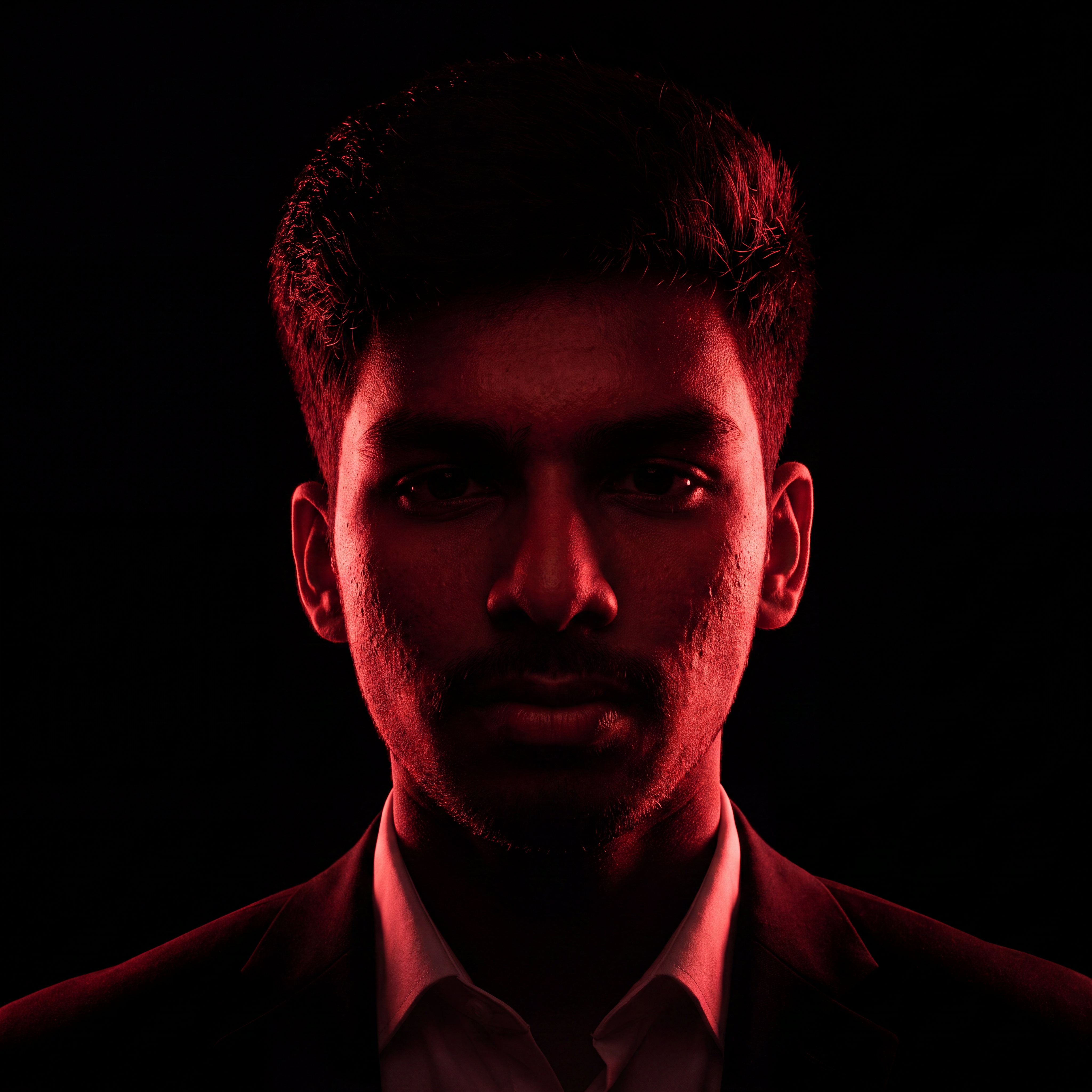 AI Design for Cinematic portrait, straight-on facial expression, hyper-realistic skin texture. Dramatic duotone lighting using only deep matte black (#000000) and rich crimson red (#B00020). Intense crimson directional side lighting sculpting the cheekbones, jawline, and hair texture, transitioning into deep black shadows on the opposite side. Minimalist, solid black background. Premium luxury fashion editorial aesthetic, high-contrast film noir style, sharp facial details, volumetric lighting, 8k resolution, photorealistic, no text, no logos. Use the attached image as the primary composition and structural reference.