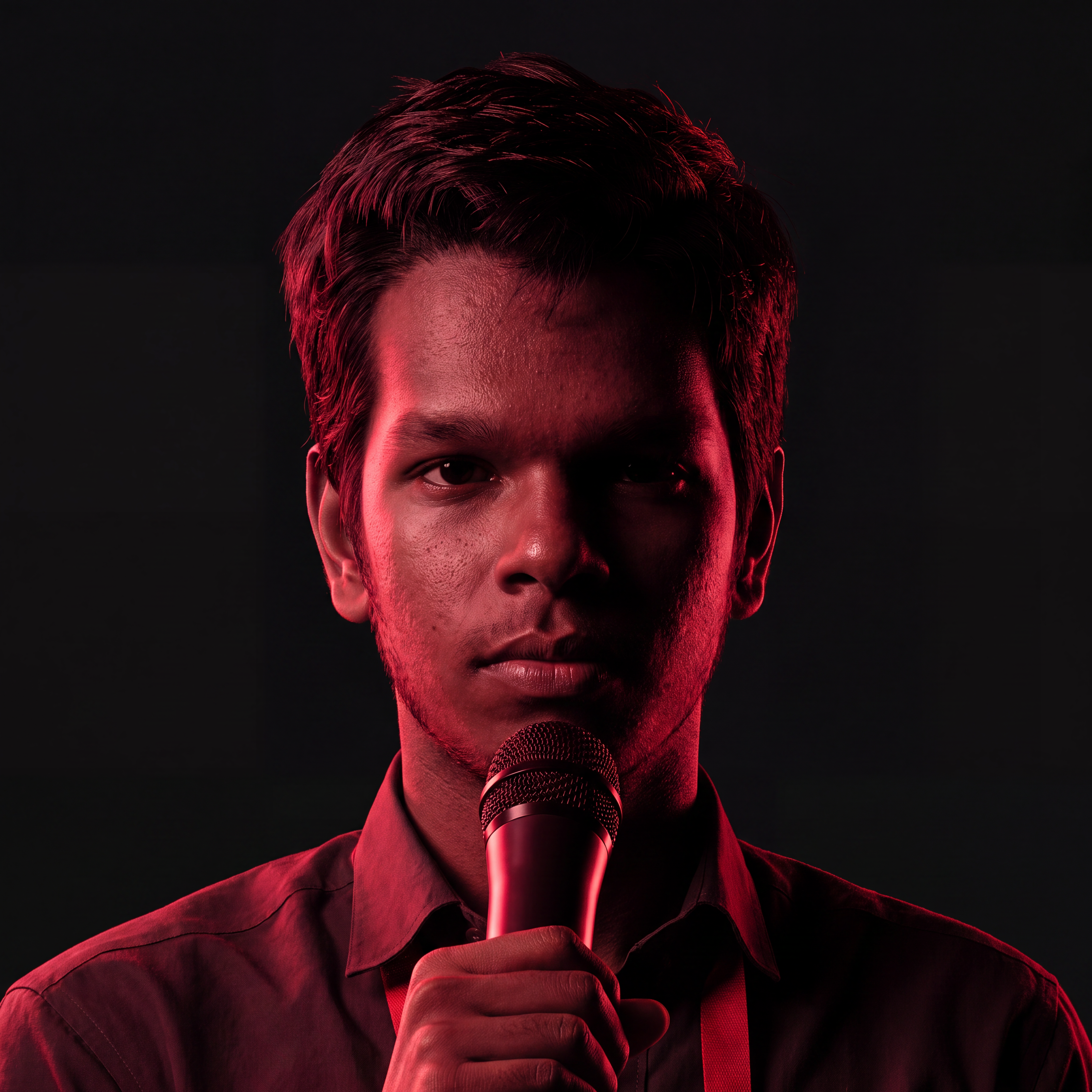 AI Design for Cinematic portrait, straight-on facial expression, hyper-realistic skin texture. Dramatic duotone lighting using only deep matte black (#000000) and rich crimson red (#B00020). Intense crimson directional side lighting sculpting the cheekbones, jawline, and hair texture, transitioning into deep black shadows on the opposite side. Minimalist, solid black background. Premium luxury fashion editorial aesthetic, high-contrast film noir style, sharp facial details, volumetric lighting, 8k resolution, photorealistic, no text, no logos. Use the attached image as the primary composition and structural reference.