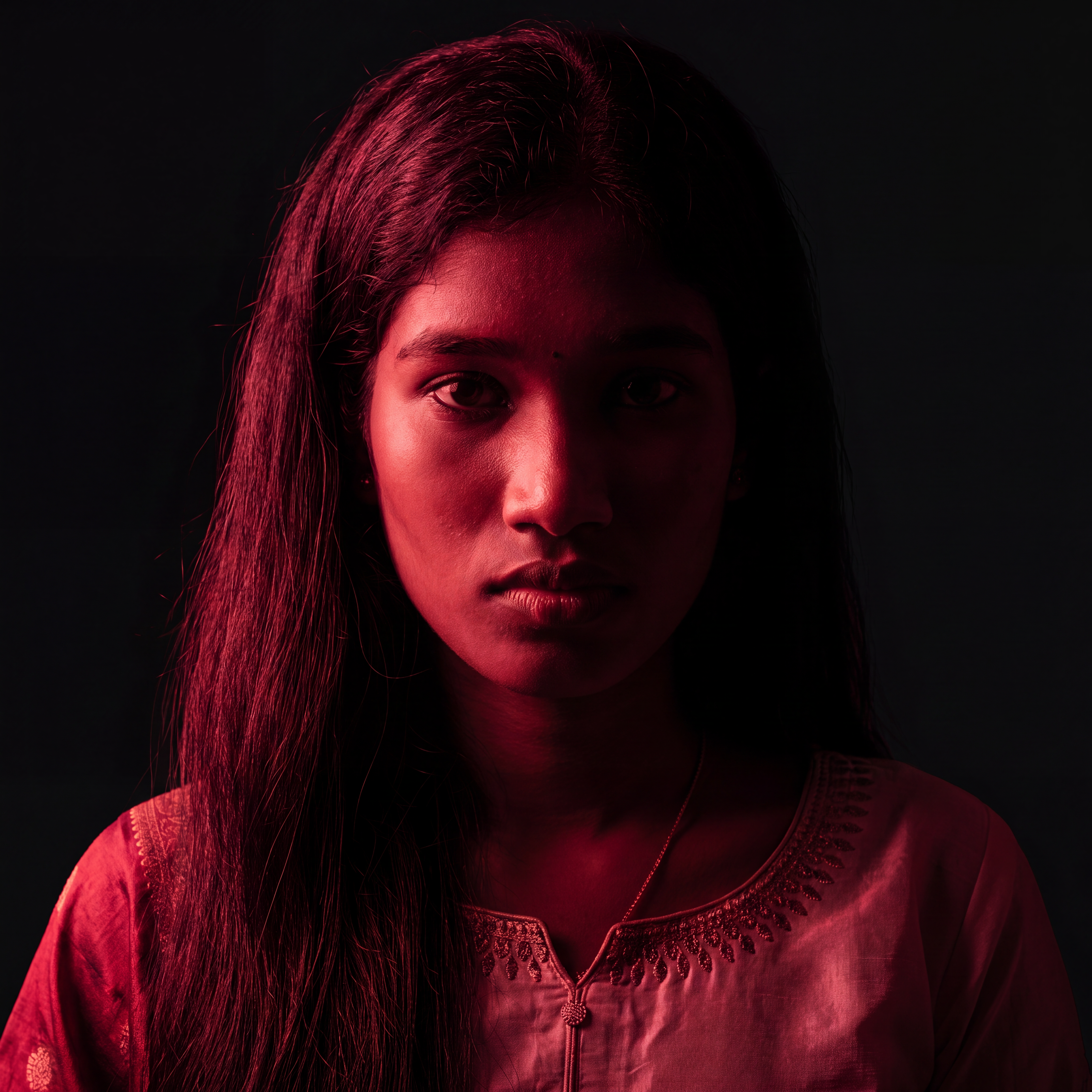 AI Design for Cinematic portrait, straight-on facial expression, hyper-realistic skin texture. Dramatic duotone lighting using only deep matte black (#000000) and rich crimson red (#B00020). Intense crimson directional side lighting sculpting the cheekbones, jawline, and hair texture, transitioning into deep black shadows on the opposite side. Minimalist, solid black background. Premium luxury fashion editorial aesthetic, high-contrast film noir style, sharp facial details, volumetric lighting, 8k resolution, photorealistic, no text, no logos. Use the attached image as the primary composition and structural reference.