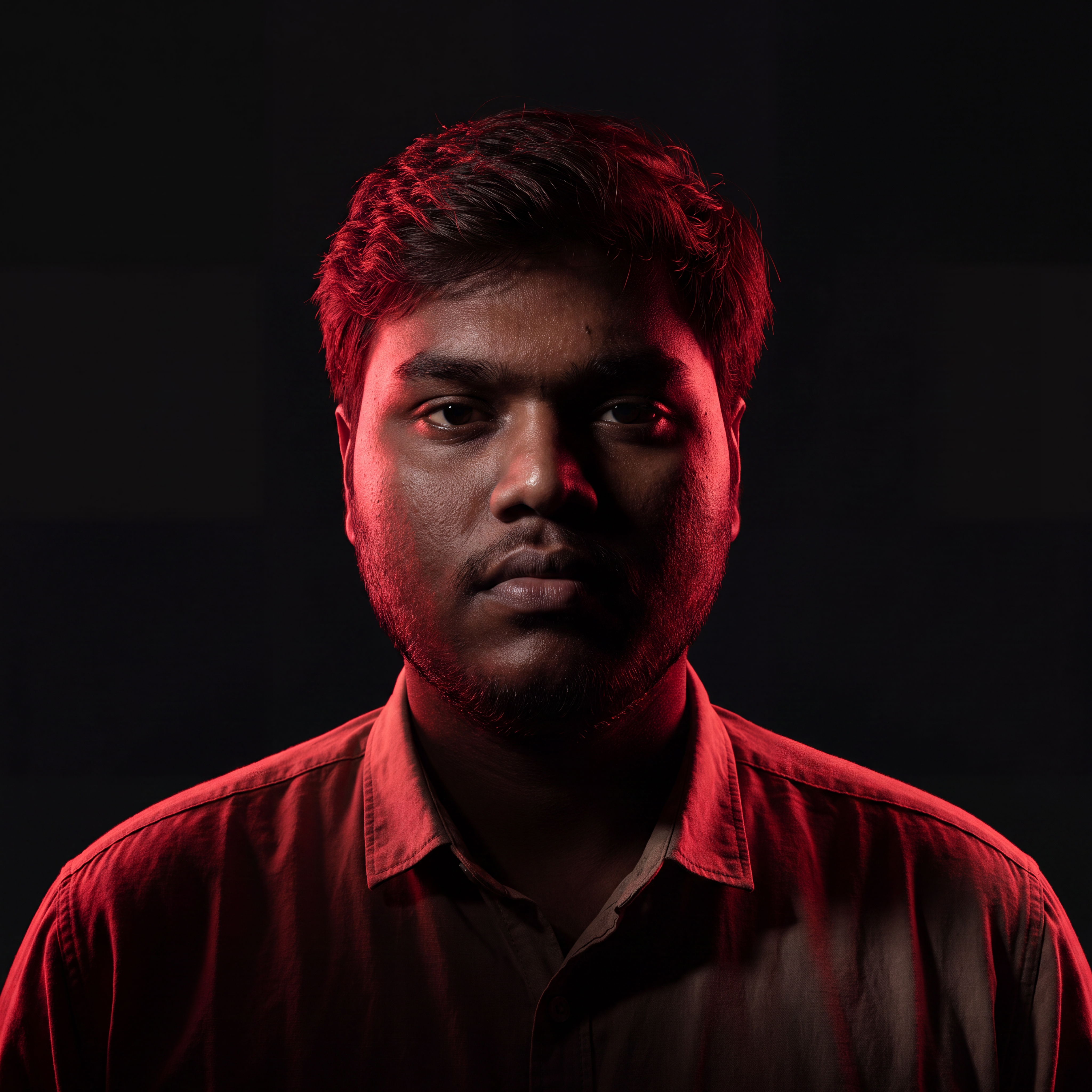AI Design for Cinematic portrait, straight-on facial expression, hyper-realistic skin texture. Dramatic duotone lighting using only deep matte black (#000000) and rich crimson red (#B00020). Intense crimson directional side lighting sculpting the cheekbones, jawline, and hair texture, transitioning into deep black shadows on the opposite side. Minimalist, solid black background. Premium luxury fashion editorial aesthetic, high-contrast film noir style, sharp facial details, volumetric lighting, 8k resolution, photorealistic, no text, no logos. Use the attached image as the primary composition and structural reference.