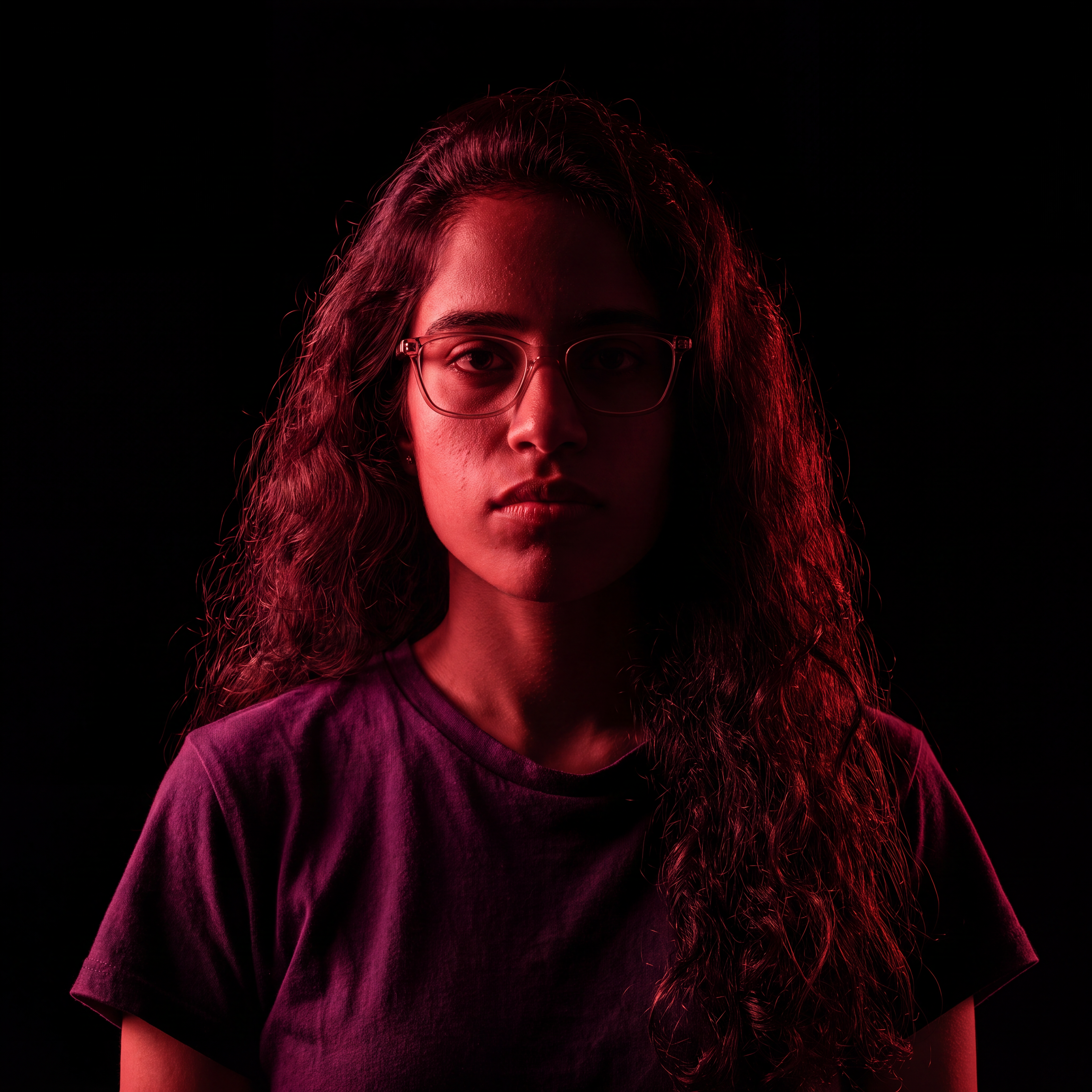 AI Design for Cinematic portrait, straight-on facial expression, hyper-realistic skin texture. Dramatic duotone lighting using only deep matte black (#000000) and rich crimson red (#B00020). Intense crimson directional side lighting sculpting the cheekbones, jawline, and hair texture, transitioning into deep black shadows on the opposite side. Minimalist, solid black background. Premium luxury fashion editorial aesthetic, high-contrast film noir style, sharp facial details, volumetric lighting, 8k resolution, photorealistic, no text, no logos. Use the attached image as the primary composition and structural reference.