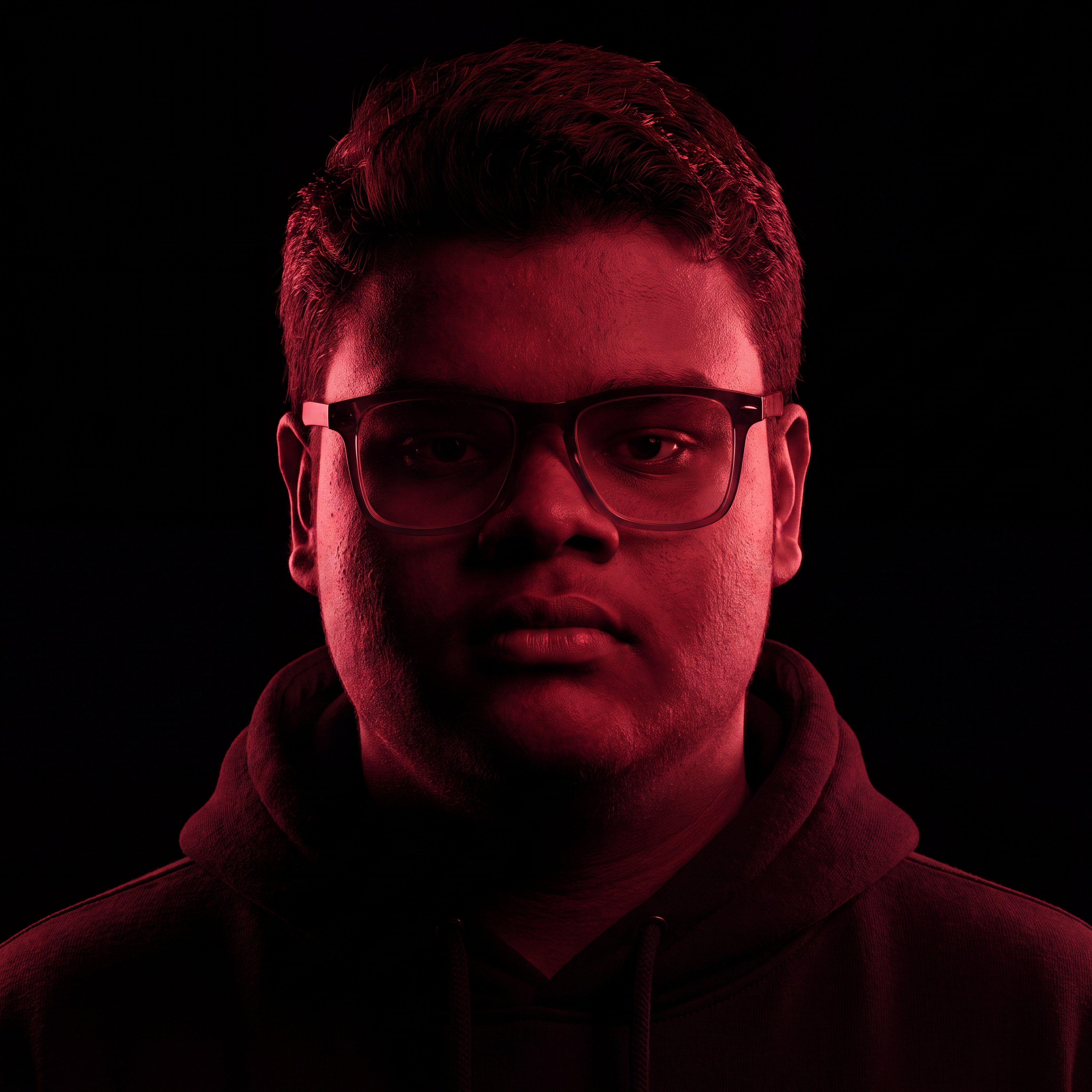AI Design for Cinematic portrait, straight-on facial expression, hyper-realistic skin texture. Dramatic duotone lighting using only deep matte black (#000000) and rich crimson red (#B00020). Intense crimson directional side lighting sculpting the cheekbones, jawline, and hair texture, transitioning into deep black shadows on the opposite side. Minimalist, solid black background. Premium luxury fashion editorial aesthetic, high-contrast film noir style, sharp facial details, volumetric lighting, 8k resolution, photorealistic, no text, no logos. Use the attached image as the primary composition and structural reference.