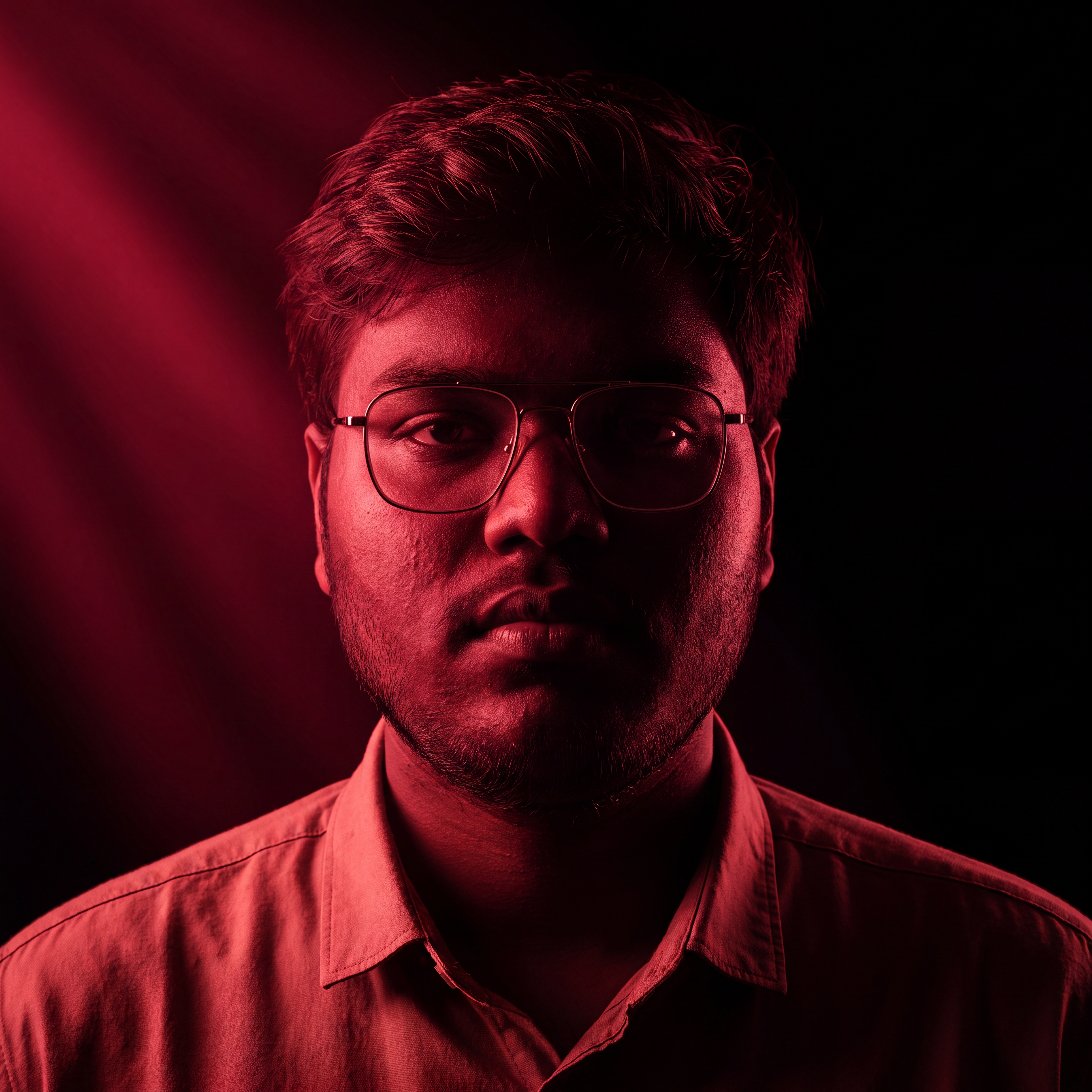 AI Design for Cinematic portrait, straight-on facial expression, hyper-realistic skin texture. Dramatic duotone lighting using only deep matte black (#000000) and rich crimson red (#B00020). Intense crimson directional side lighting sculpting the cheekbones, jawline, and hair texture, transitioning into deep black shadows on the opposite side. Minimalist, solid black background. Premium luxury fashion editorial aesthetic, high-contrast film noir style, sharp facial details, volumetric lighting, 8k resolution, photorealistic, no text, no logos. Use the attached image as the primary composition and structural reference.