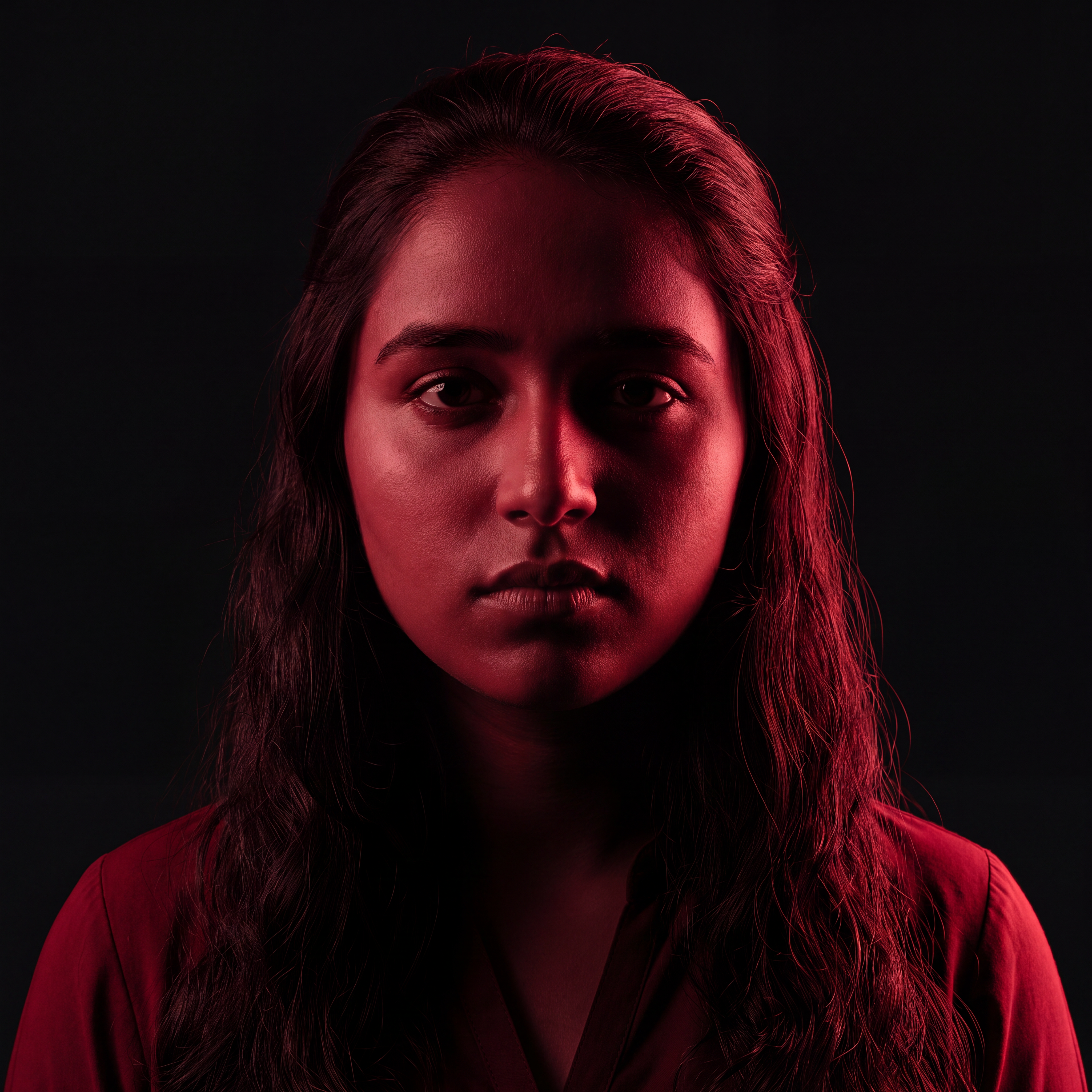 AI Design for Cinematic portrait, straight-on facial expression, hyper-realistic skin texture. Dramatic duotone lighting using only deep matte black (#000000) and rich crimson red (#B00020). Intense crimson directional side lighting sculpting the cheekbones, jawline, and hair texture, transitioning into deep black shadows on the opposite side. Minimalist, solid black background. Premium luxury fashion editorial aesthetic, high-contrast film noir style, sharp facial details, volumetric lighting, 8k resolution, photorealistic, no text, no logos. Use the attached image as the primary composition and structural reference.