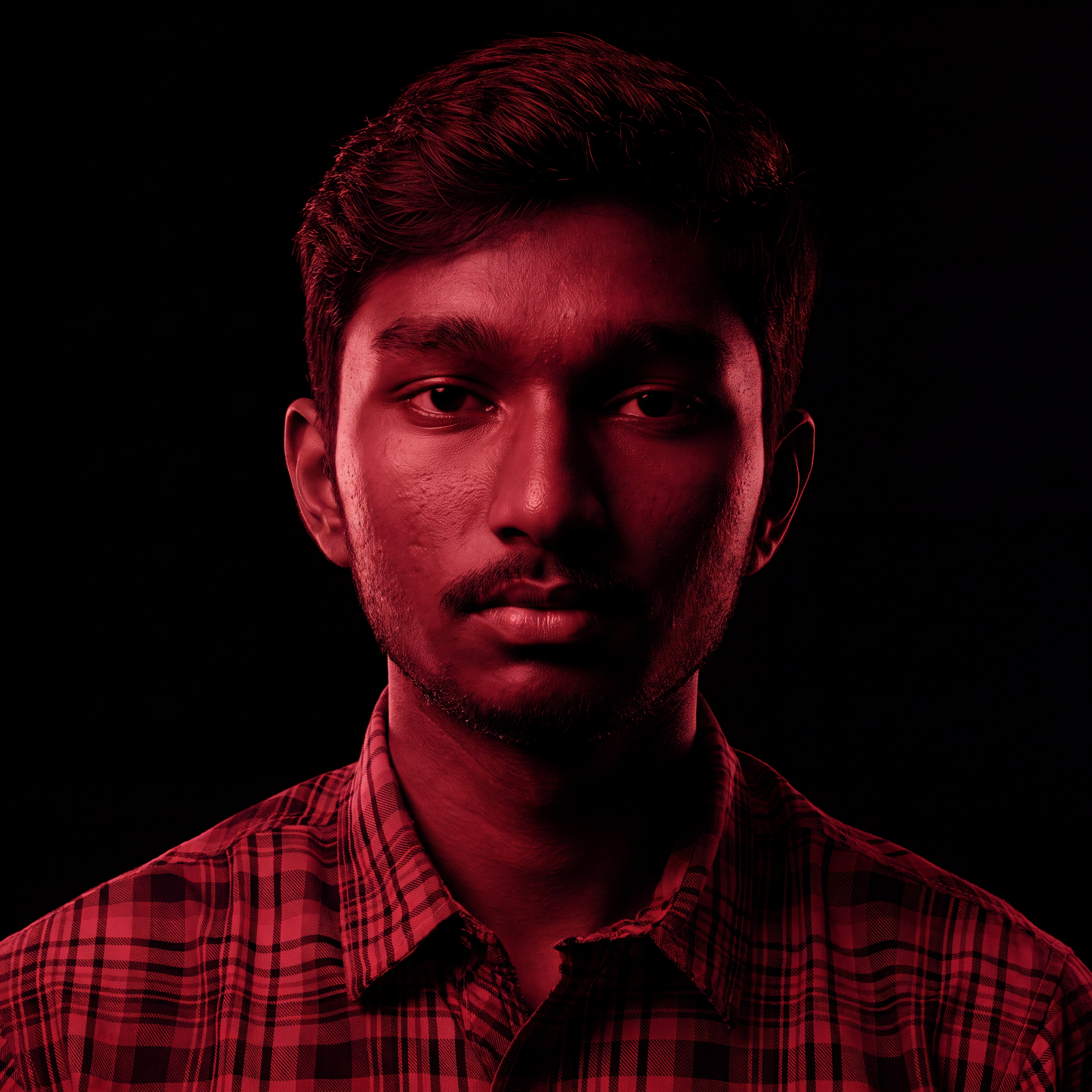 AI Design for Cinematic portrait, straight-on facial expression, hyper-realistic skin texture. Dramatic duotone lighting using only deep matte black (#000000) and rich crimson red (#B00020). Intense crimson directional side lighting sculpting the cheekbones, jawline, and hair texture, transitioning into deep black shadows on the opposite side. Minimalist, solid black background. Premium luxury fashion editorial aesthetic, high-contrast film noir style, sharp facial details, volumetric lighting, 8k resolution, photorealistic, no text, no logos. Use the attached image as the primary composition and structural reference.