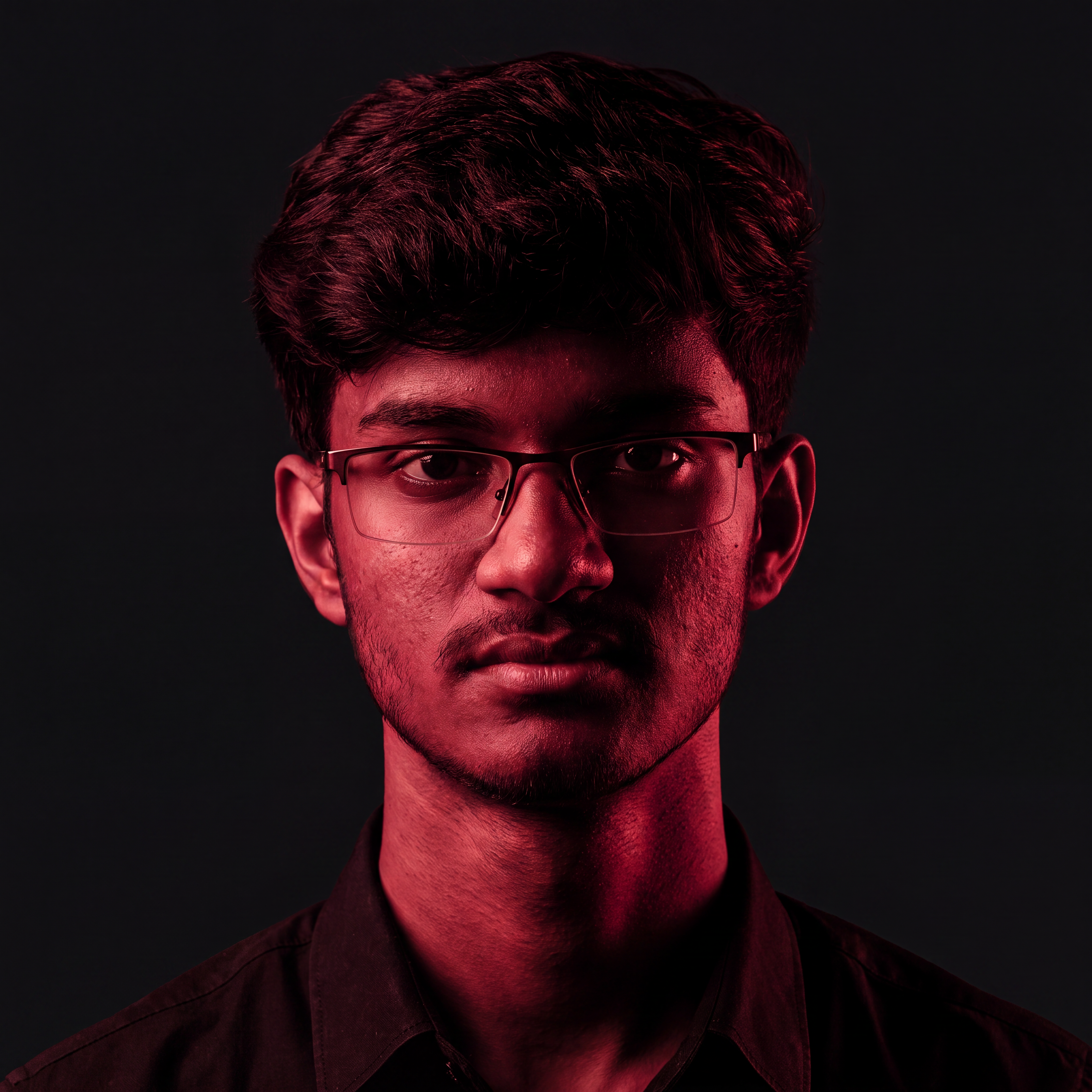 AI Design for Cinematic portrait, straight-on facial expression, hyper-realistic skin texture. Dramatic duotone lighting using only deep matte black (#000000) and rich crimson red (#B00020). Intense crimson directional side lighting sculpting the cheekbones, jawline, and hair texture, transitioning into deep black shadows on the opposite side. Minimalist, solid black background. Premium luxury fashion editorial aesthetic, high-contrast film noir style, sharp facial details, volumetric lighting, 8k resolution, photorealistic, no text, no logos. Use the attached image as the primary composition and structural reference.