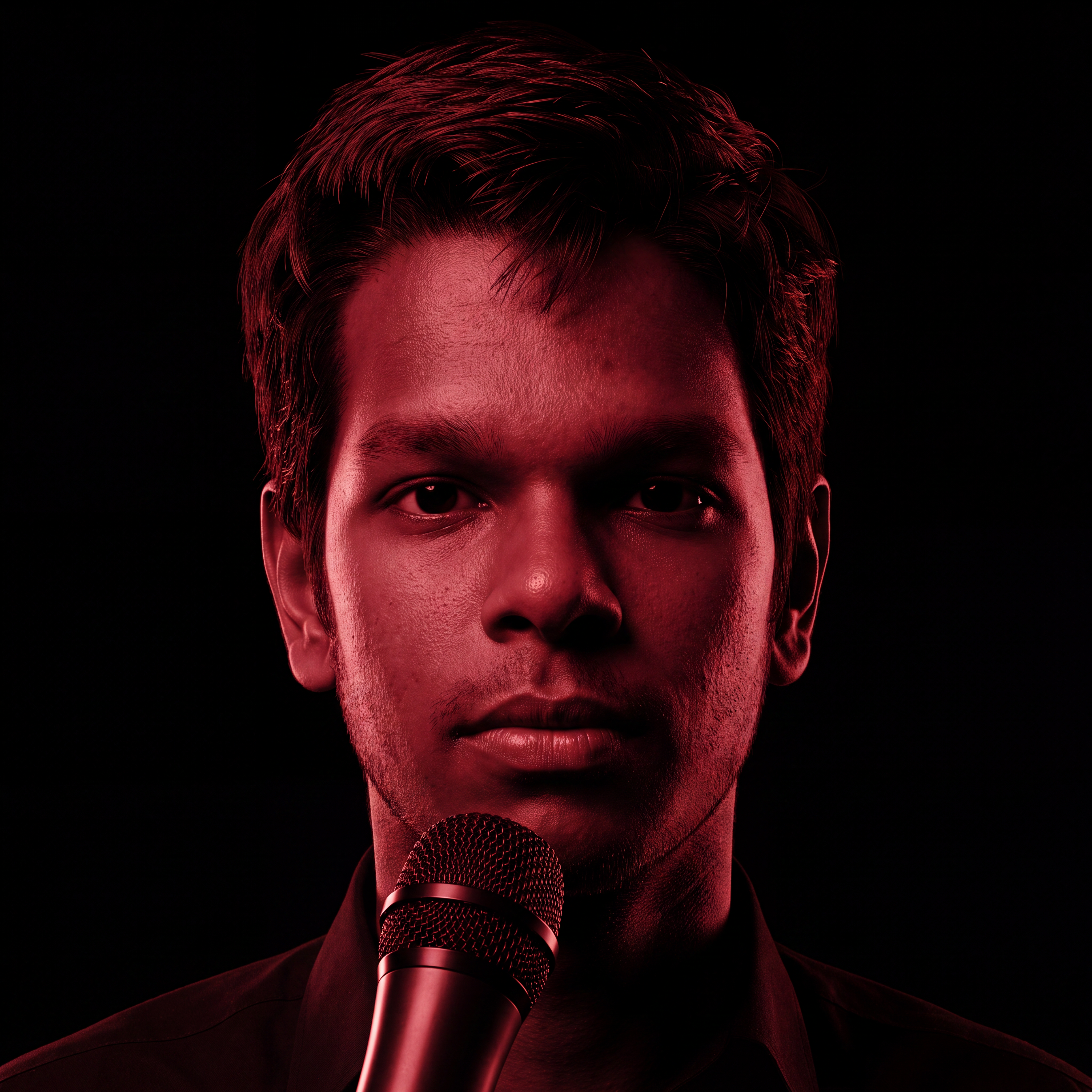 AI Design for Cinematic portrait, straight-on facial expression, hyper-realistic skin texture. Dramatic duotone lighting using only deep matte black (#000000) and rich crimson red (#B00020). Intense crimson directional side lighting sculpting the cheekbones, jawline, and hair texture, transitioning into deep black shadows on the opposite side. Minimalist, solid black background. Premium luxury fashion editorial aesthetic, high-contrast film noir style, sharp facial details, volumetric lighting, 8k resolution, photorealistic, no text, no logos. Use the attached image as the primary composition and structural reference.