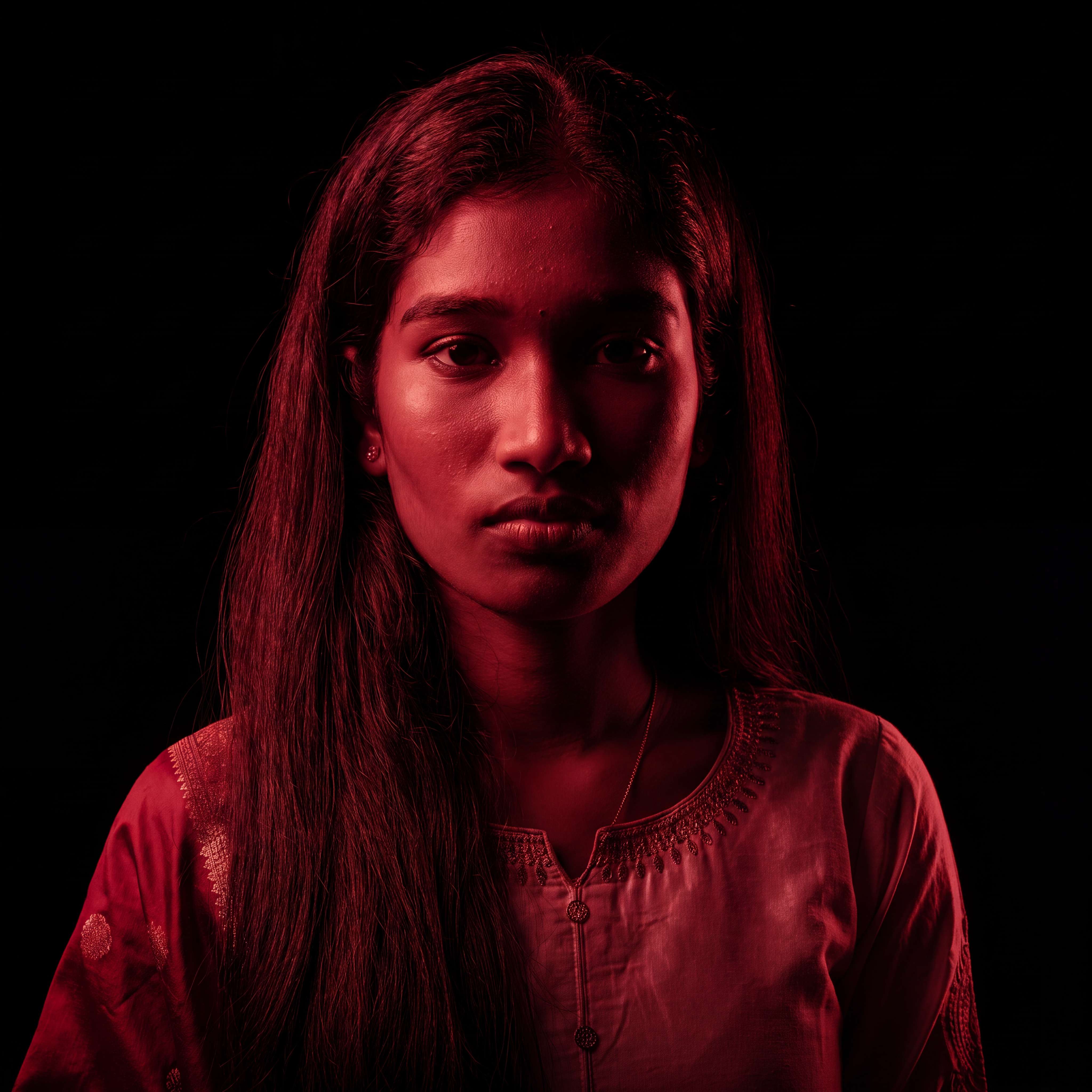 AI Design for Cinematic portrait, straight-on facial expression, hyper-realistic skin texture. Dramatic duotone lighting using only deep matte black (#000000) and rich crimson red (#B00020). Intense crimson directional side lighting sculpting the cheekbones, jawline, and hair texture, transitioning into deep black shadows on the opposite side. Minimalist, solid black background. Premium luxury fashion editorial aesthetic, high-contrast film noir style, sharp facial details, volumetric lighting, 8k resolution, photorealistic, no text, no logos. Use the attached image as the primary composition and structural reference.