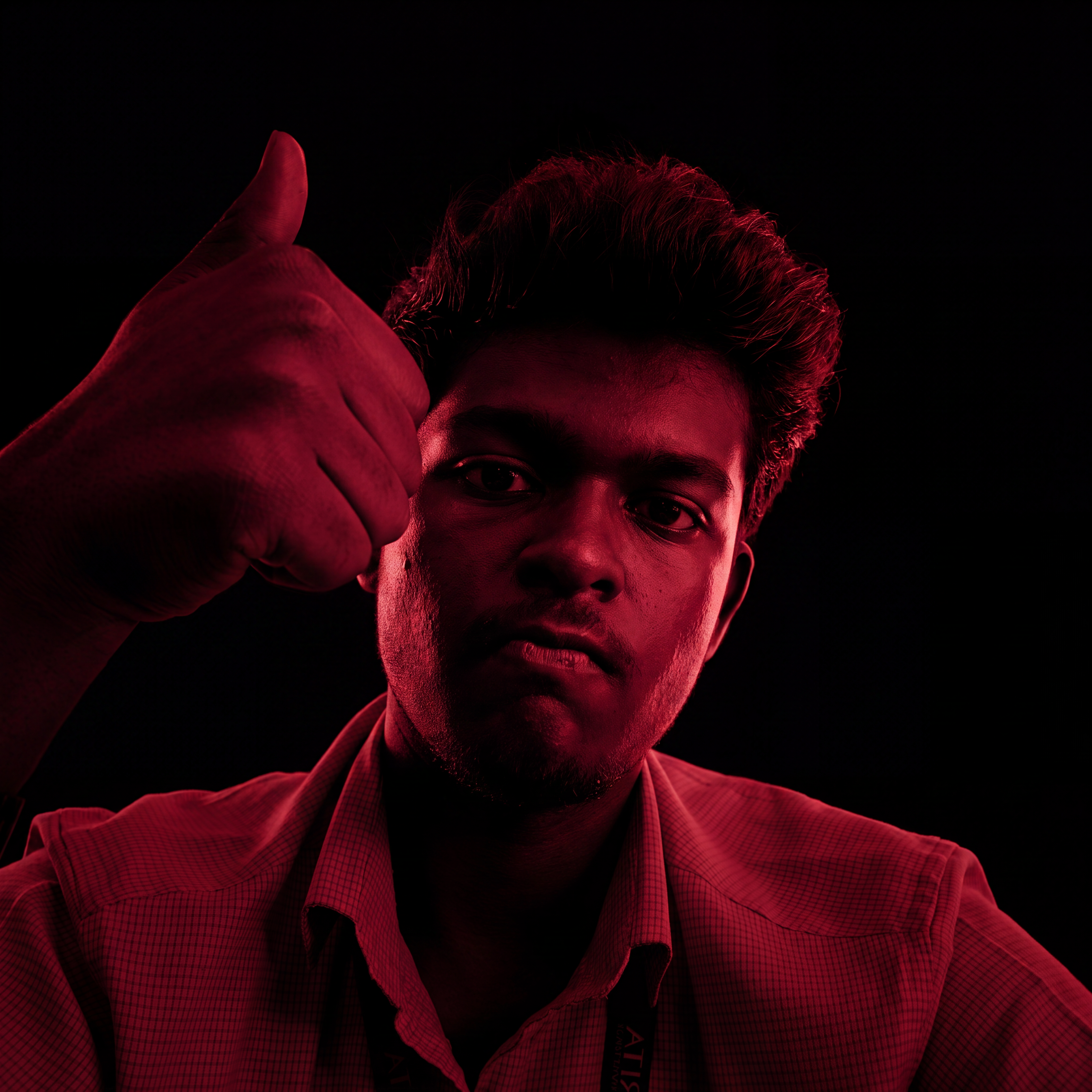 AI Design for Cinematic portrait, straight-on facial expression, hyper-realistic skin texture. Dramatic duotone lighting using only deep matte black (#000000) and rich crimson red (#B00020). Intense crimson directional side lighting sculpting the cheekbones, jawline, and hair texture, transitioning into deep black shadows on the opposite side. Minimalist, solid black background. Premium luxury fashion editorial aesthetic, high-contrast film noir style, sharp facial details, volumetric lighting, 8k resolution, photorealistic, no text, no logos. Use the attached image as the primary composition and structural reference.