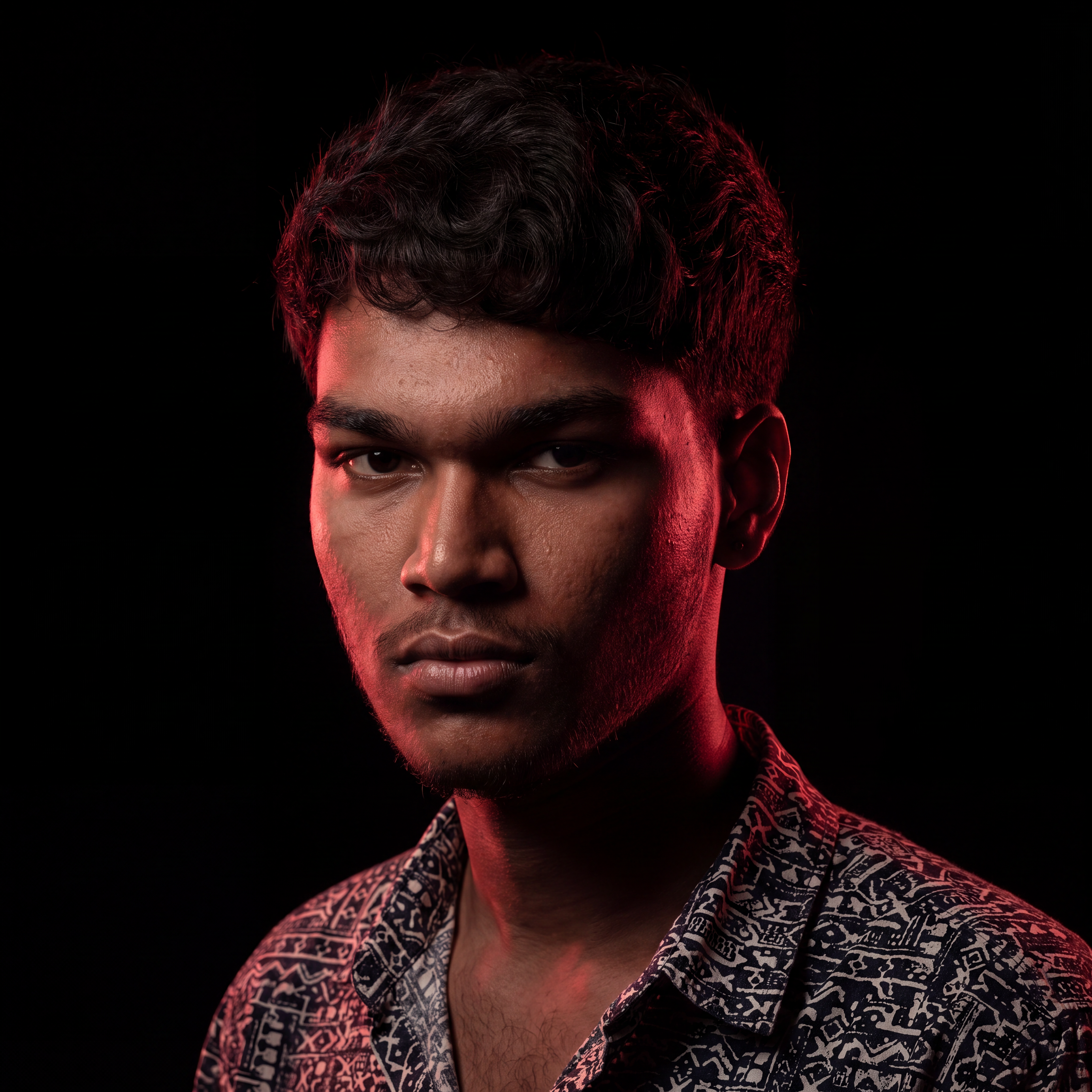 AI Design for Cinematic portrait, straight-on facial expression, hyper-realistic skin texture. Dramatic duotone lighting using only deep matte black (#000000) and rich crimson red (#B00020). Intense crimson directional side lighting sculpting the cheekbones, jawline, and hair texture, transitioning into deep black shadows on the opposite side. Minimalist, solid black background. Premium luxury fashion editorial aesthetic, high-contrast film noir style, sharp facial details, volumetric lighting, 8k resolution, photorealistic, no text, no logos. Use the attached image as the primary composition and structural reference.