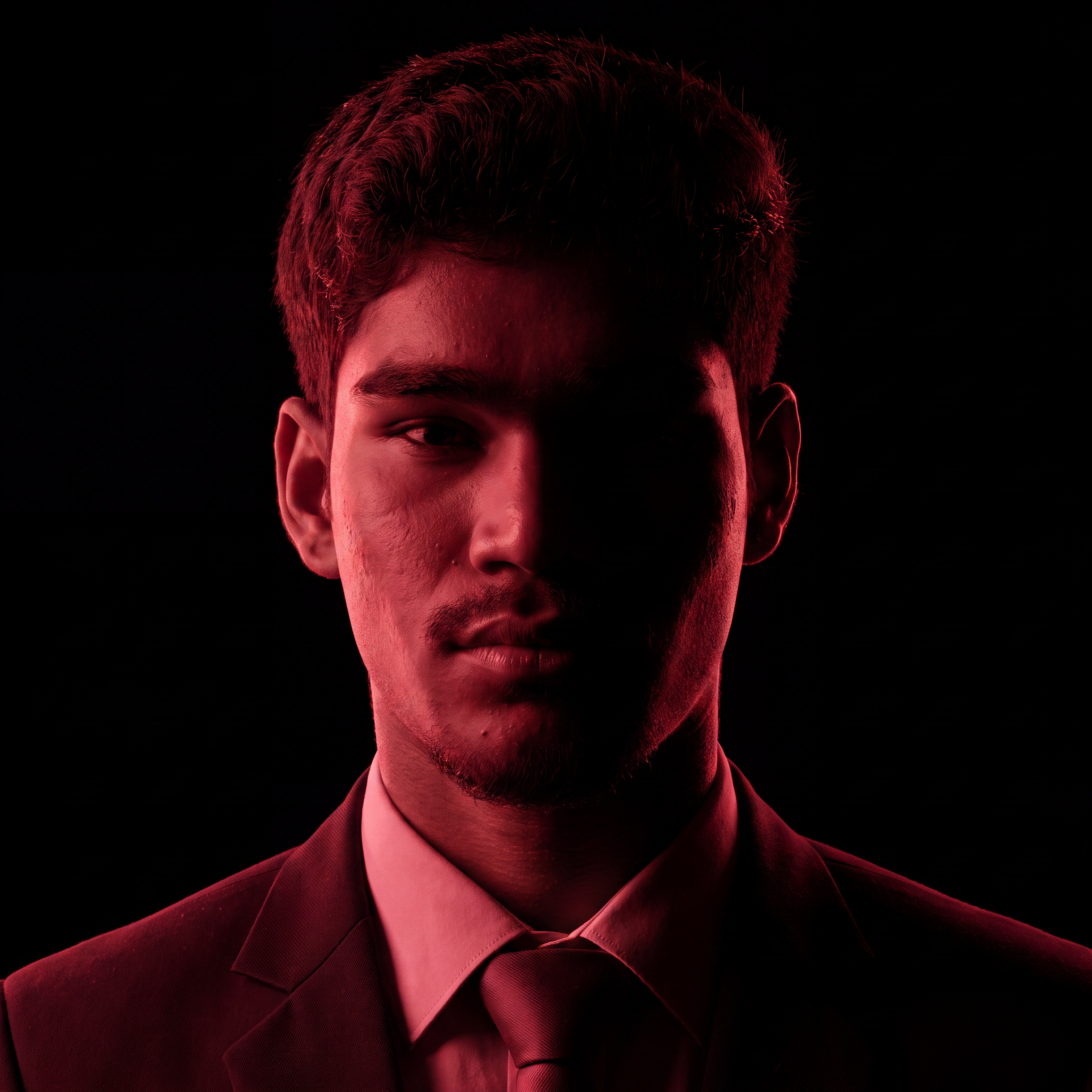 AI Design for Cinematic portrait, straight-on facial expression, hyper-realistic skin texture. Dramatic duotone lighting using only deep matte black (#000000) and rich crimson red (#B00020). Intense crimson directional side lighting sculpting the cheekbones, jawline, and hair texture, transitioning into deep black shadows on the opposite side. Minimalist, solid black background. Premium luxury fashion editorial aesthetic, high-contrast film noir style, sharp facial details, volumetric lighting, 8k resolution, photorealistic, no text, no logos. Use the attached image as the primary composition and structural reference.